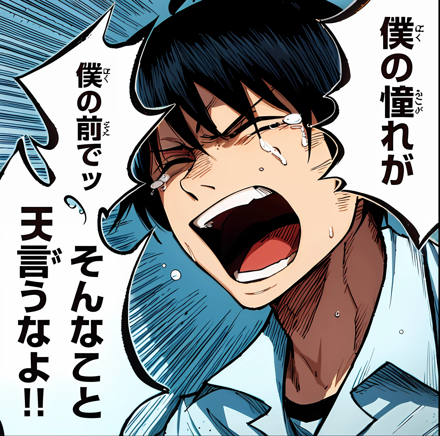 a anime of a man with a black hair, cry, crying, closed eyes, sweat, tears, open mouth, white shirt, text bubble speech, color manga, manga color, color manga, color manga panel, simple background, a white background