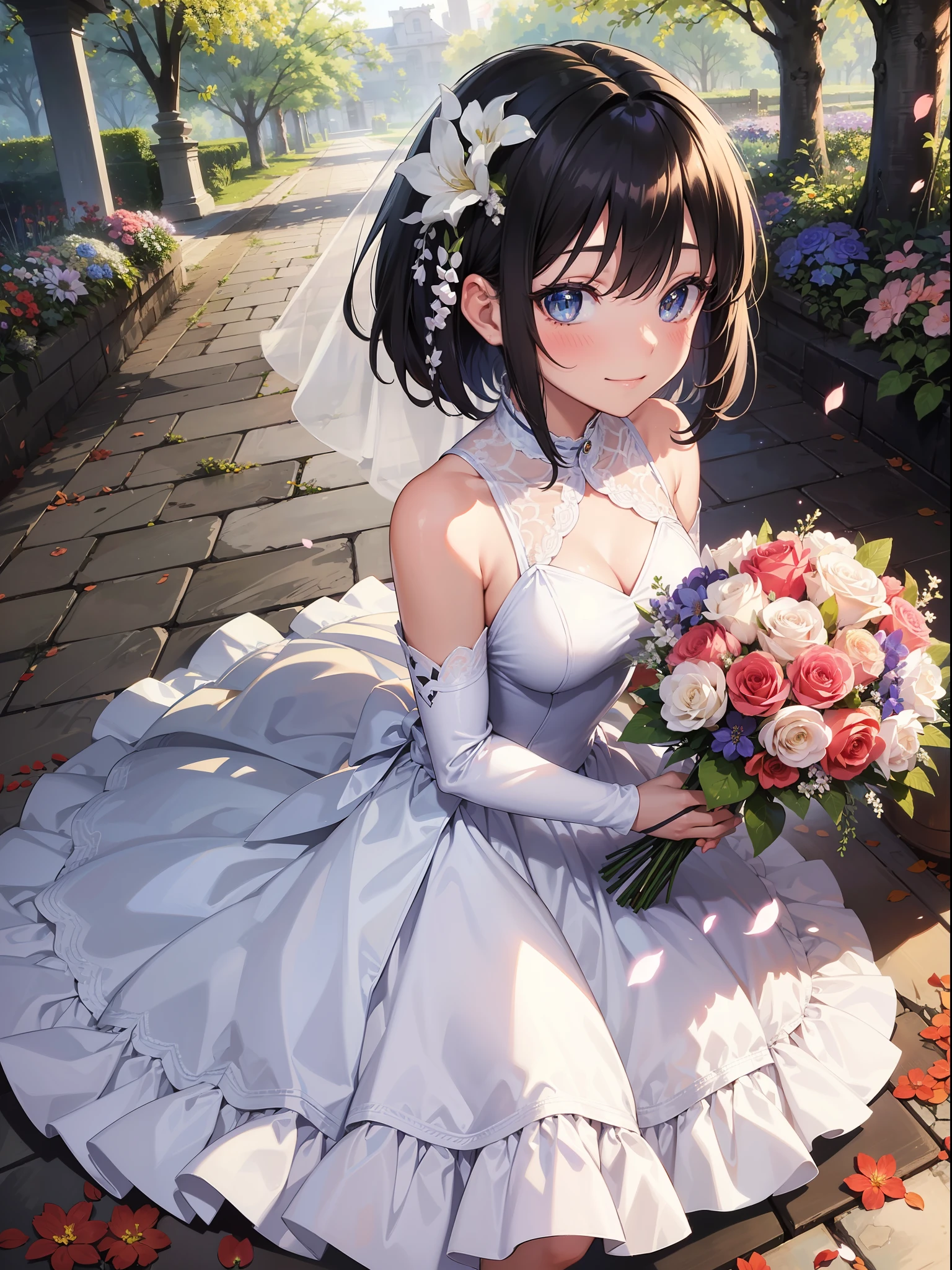((masutepiece)), ((Best quality)), (Ultra-detailed), ((kawaii)), cute, (lovly), ((Sexy)), (Ero), ((Extremely detailed)), 4K, (8K), Best quality, (Beautiful), Illustration, Anime style, Painting, Dynamic Angle, Full body, gradients, full body focus, chies, Cute  s, 1girl in, bride, June bride, Solo, Beautiful black hair, Beautiful black eyes, ((Beautiful eyes)), White-skinned, Short hair, big chest out, (Flowers), (flower bouquet), lightsmile, blush, sparkling effect, Lens Flare, shiny-glistening, gleaming,