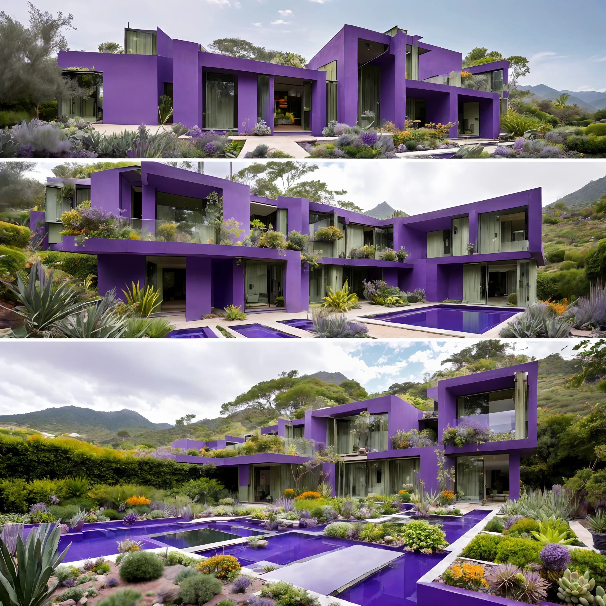 Multiple houses with Luis Barragán´s architectural style, ((Brutalism influence)), with a garden of agaves, ((nopales)), succulents, ferns, rocks, cacti, ((reflective pool)), color palette orange, cold grey, blue and (((violet and olive green))), Mountains in background, mid day, masive and cute clouds