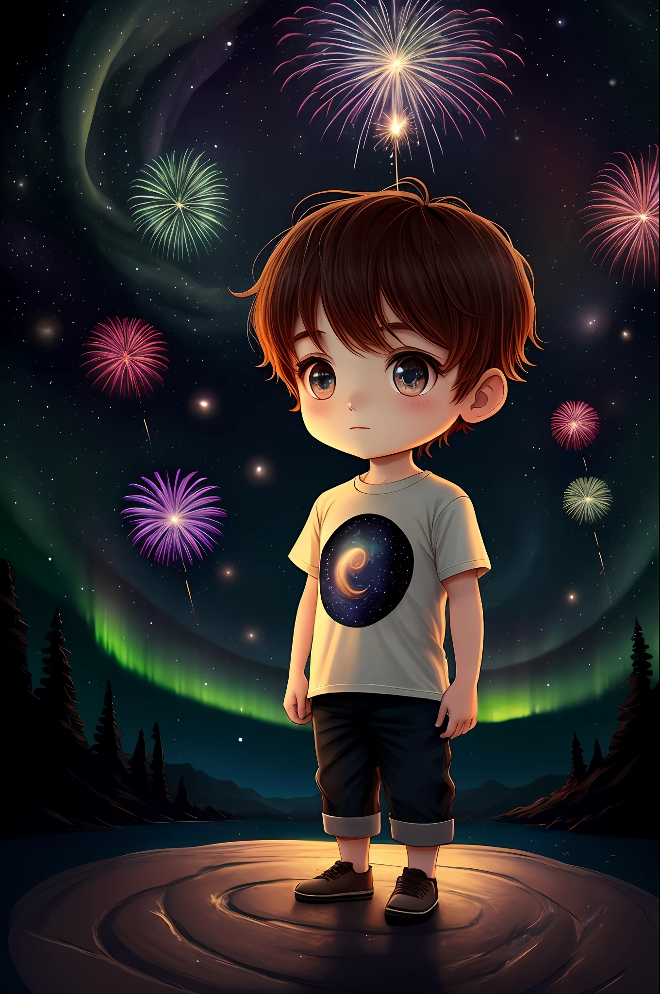 1boy camiseta, aerial fireworks, astronauta, aurora, milky ways, festival, chibi, Fisheyes, obras-primas, qualidade superior, melhor qualidade, arte oficial, handsome and aesthetic, animification, 8k cru,