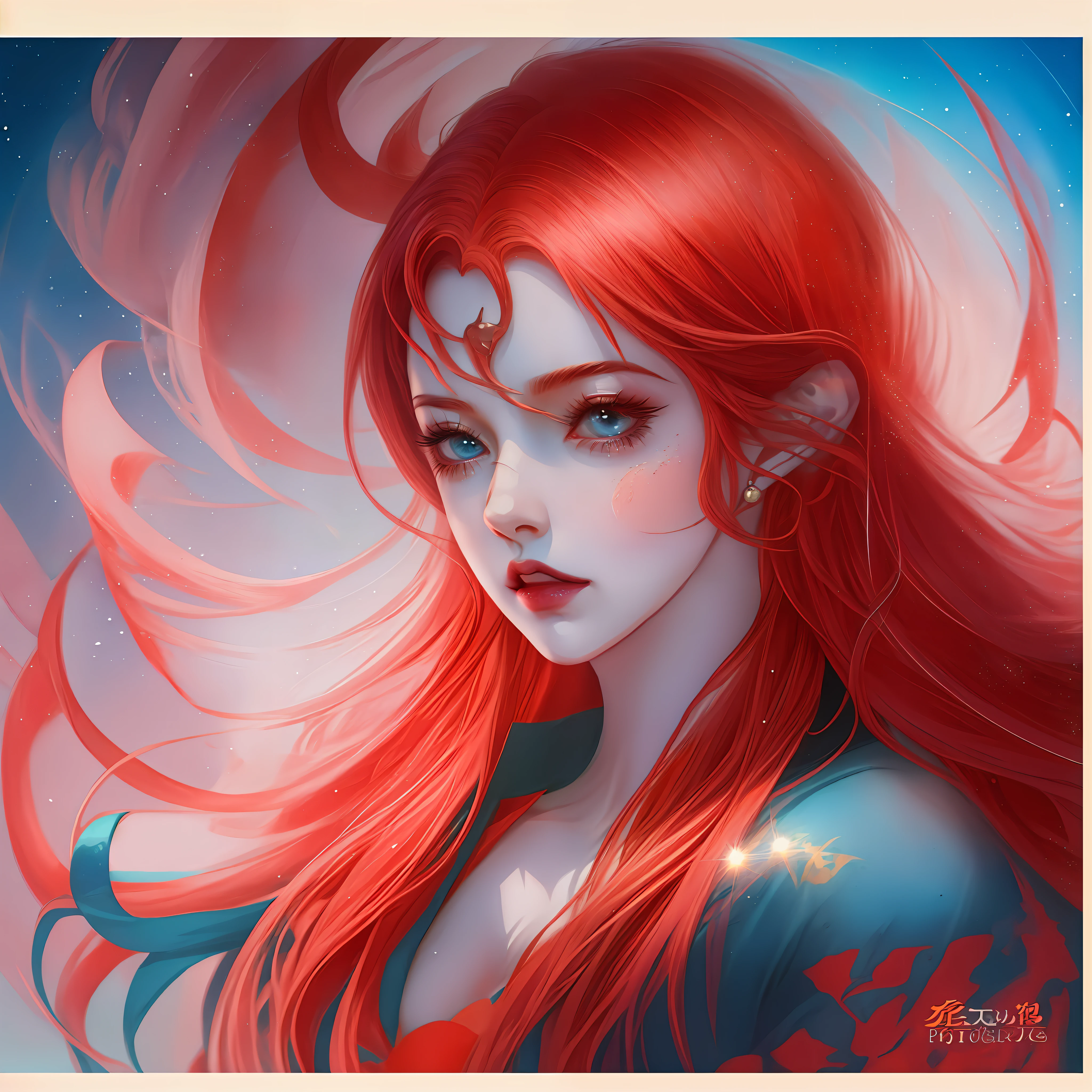 Award winning professional photograph of a very hot anime woman in blue and red theme portrait anime style, epiC realism, niji style