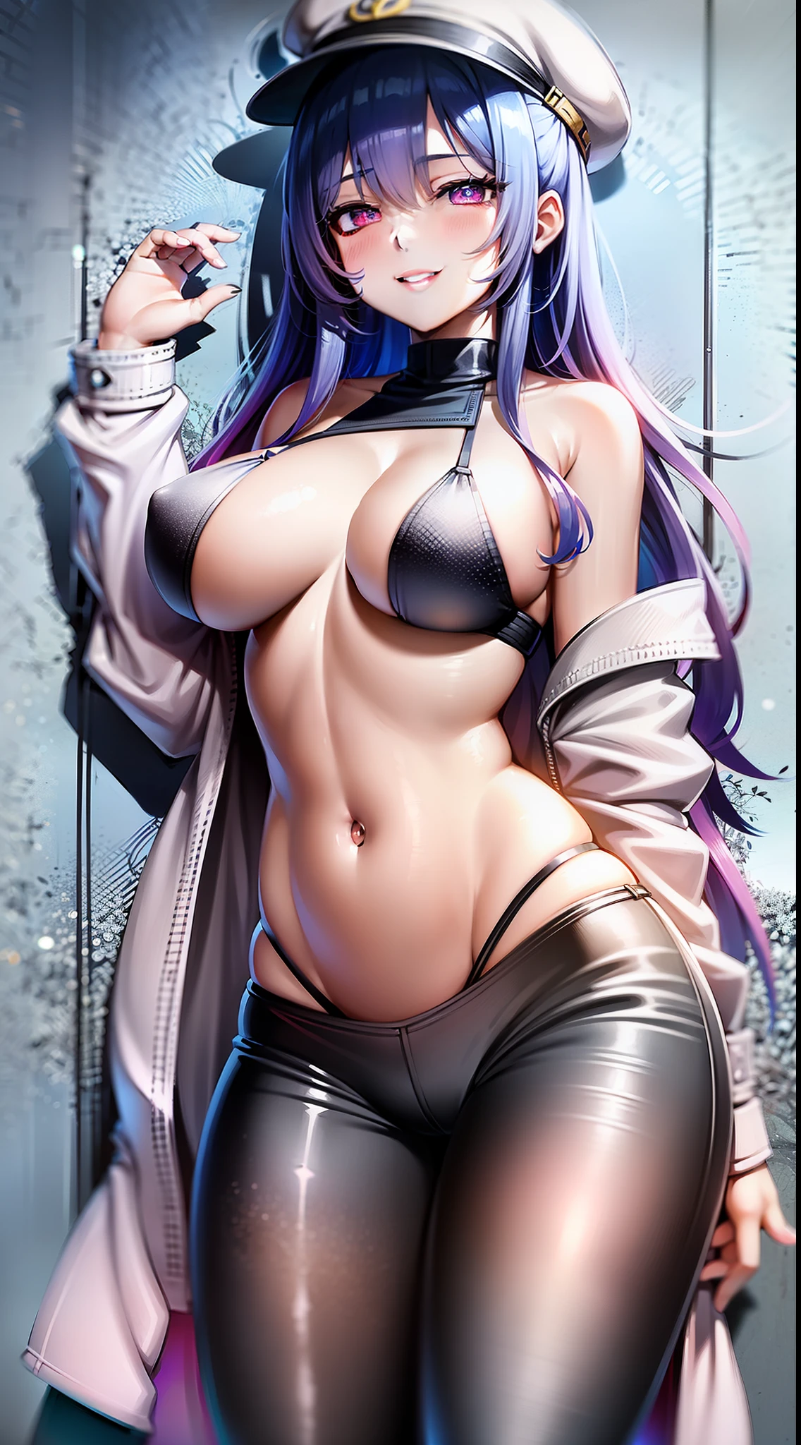 Young girl, Long blue hair, pink eyes, white coat, hat, open belly, sideboob, pants, smirk, Masterpiece, high qulity