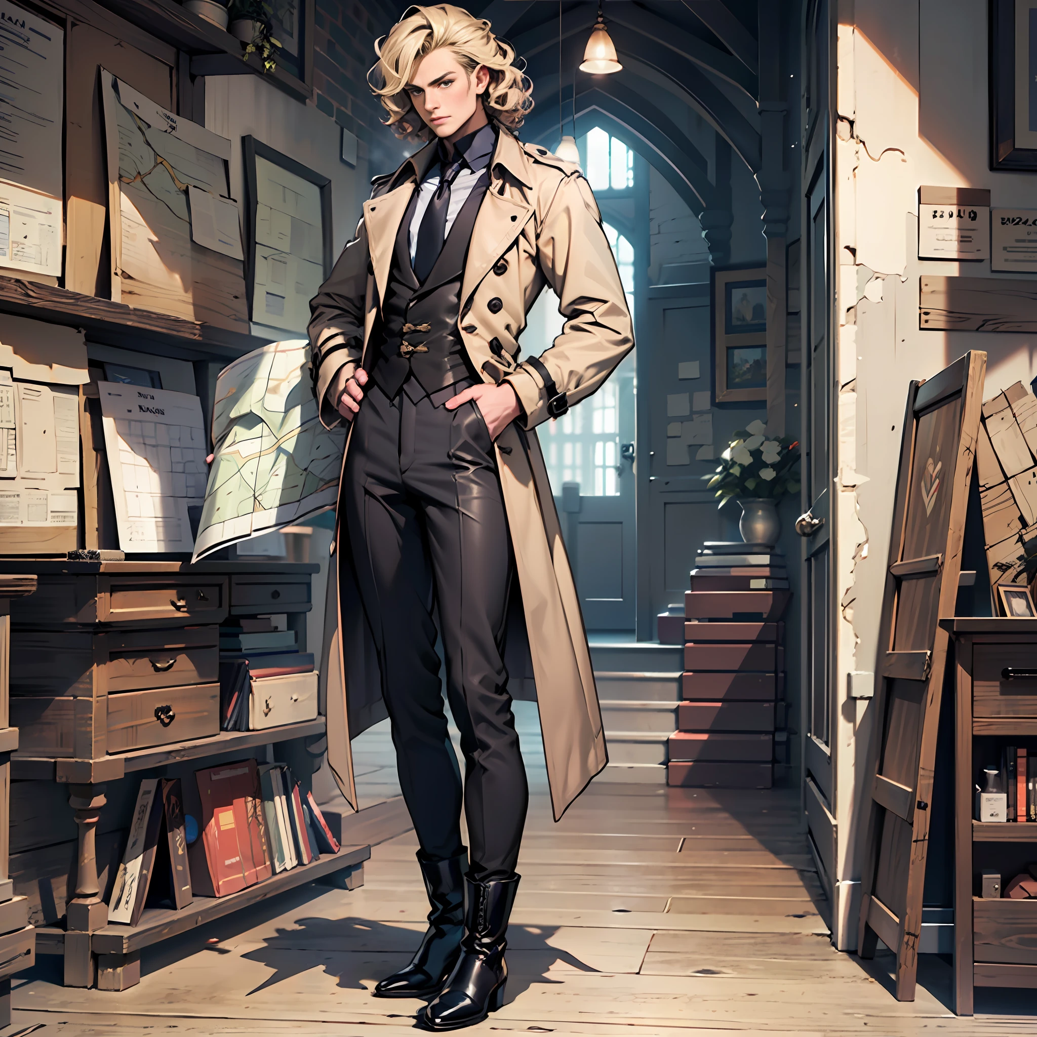 28-year-old countess, curly hair,trench coat, necktie,Big bust,long pants, leather ankle boots, holding a map,18th century clothing style,(Standing posture:1.5),(full body:1.6)