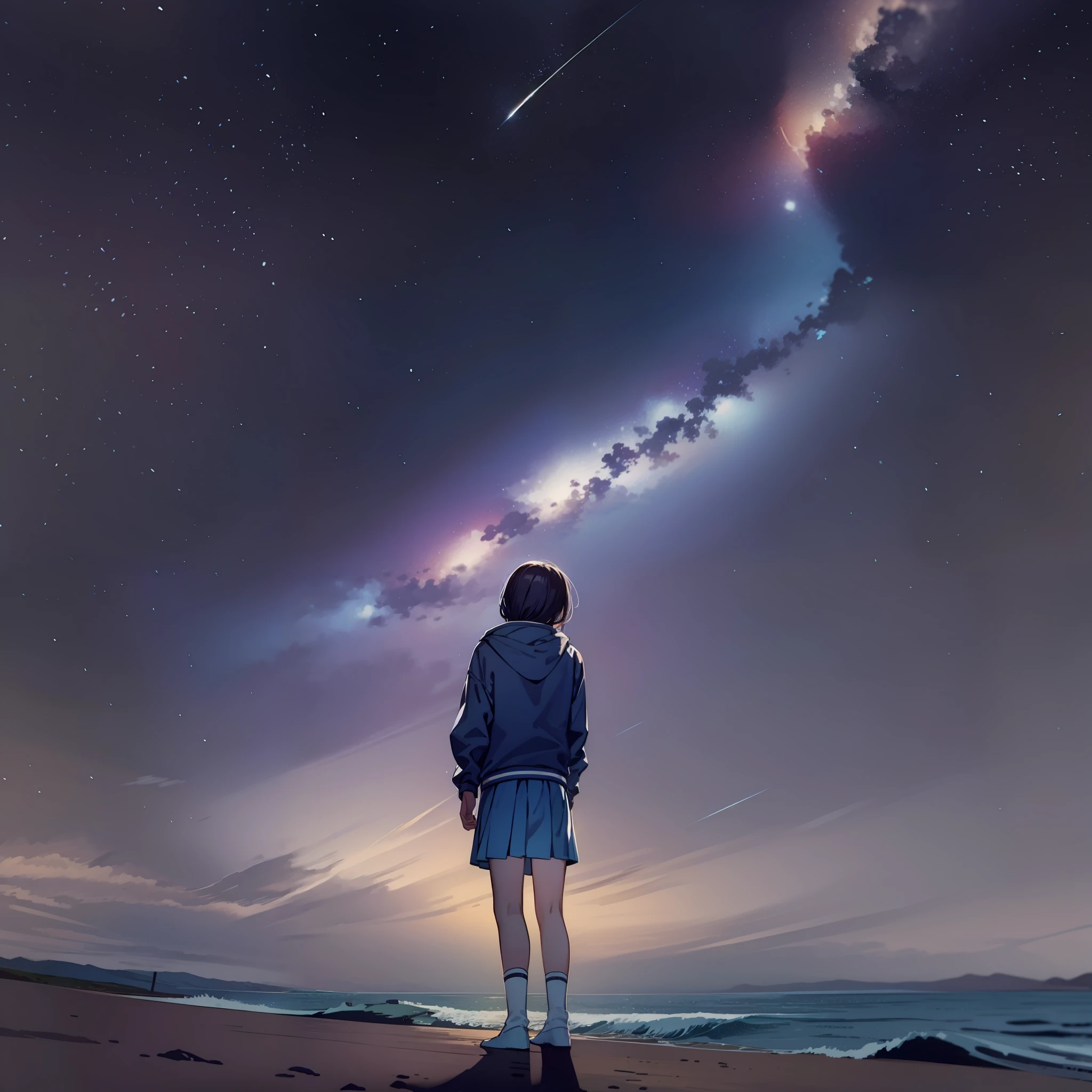 A teenager standing by the sea and looking up at the stars,Think about whether the opposite side of the sea is an enemy or what