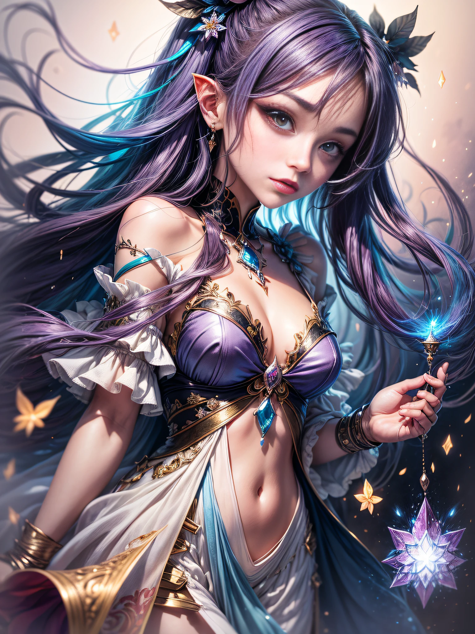 Beautiful girl story wrapped in love, Beautiful eye details, A captivating anime girl gracefully emerges from the pages of a watercolor painting, Her vivid and complex colors are、Bring your artwork to life, She dons an extraordinary fantasy costume adorned with delicate details, reflecting the enchanting world she inhabits, Luminescent elements, like glowing crystals and ethereal wisps, surround her, casting a soft, otherworldly glow, The style of watercolor painting is、Imbues the image with a sense of fluidity and delicacy, as if the colors are effortlessly blending and bleeding into one another, Camera shot: medium shot, Soft Focus, luminescent glow Lighting, watercolor brushstrokes, Sophisticated and very delicate anime illustration, unique colors, Portrait of an anime girl, infinite love, rainbow-colored, beautiful girl illuminated by seven colors of light,