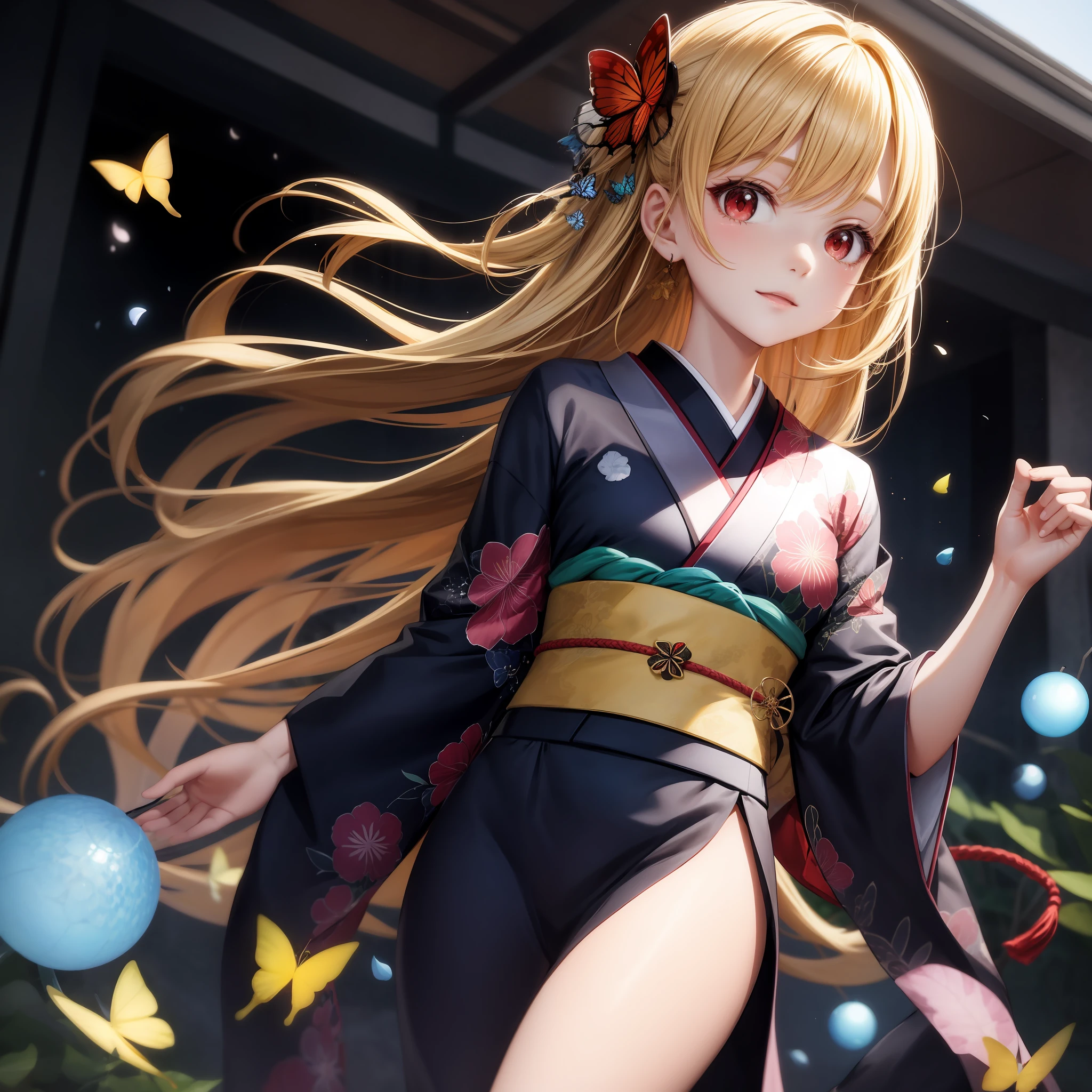 animated cartoon、One blonde girl with red eyes、kimono、butterflys々Hair ornaments