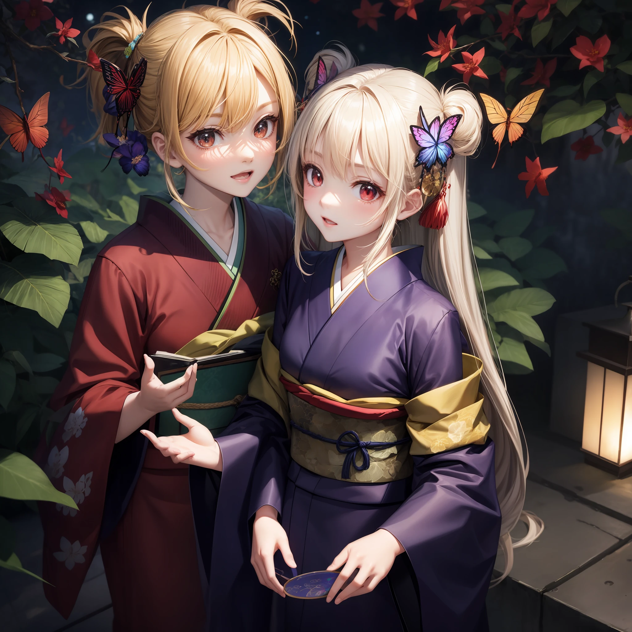 animated cartoon、One blonde girl with red eyes、kimono、butterflys々Hair ornaments