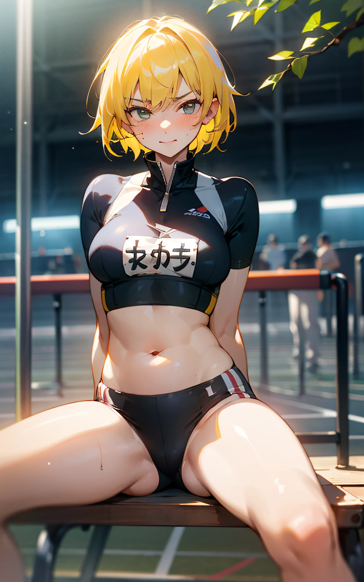 (Original Character、Unity 16K Wallpaper, Masterpiece, Best Quality, Ultra-Detailed, Extremely Detailed CG, Caustics, Cinematic Lighting, Detailed, Beautiful Detailed Eyes, solo), Ultra High Resolution, fine skin, (track and field:1.2) 、(strong light)、oily skin,smile , from front:1.2、(sexy women)、Arena、full body shot、separate、racing bloomers、show off belly,show off neck,sunny day、cowboy shot,yellow hair、sit on the bench,open legs,pixie cut,blush angry,short hair