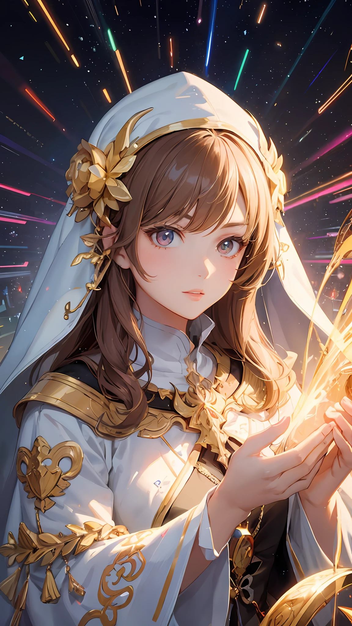 a woman in a white dress holding a golden object, beautiful celestial mage, Portrait Chevaliers du Zodiaque Fille, Anime goddess, Guviz, trending on cgstation, sakimichan, WLOP and Sakimichan, ethereal anime, sakimi chan, Guviz-style artwork, anime fantasy illustration, astri lohne, Detailed digital anime art