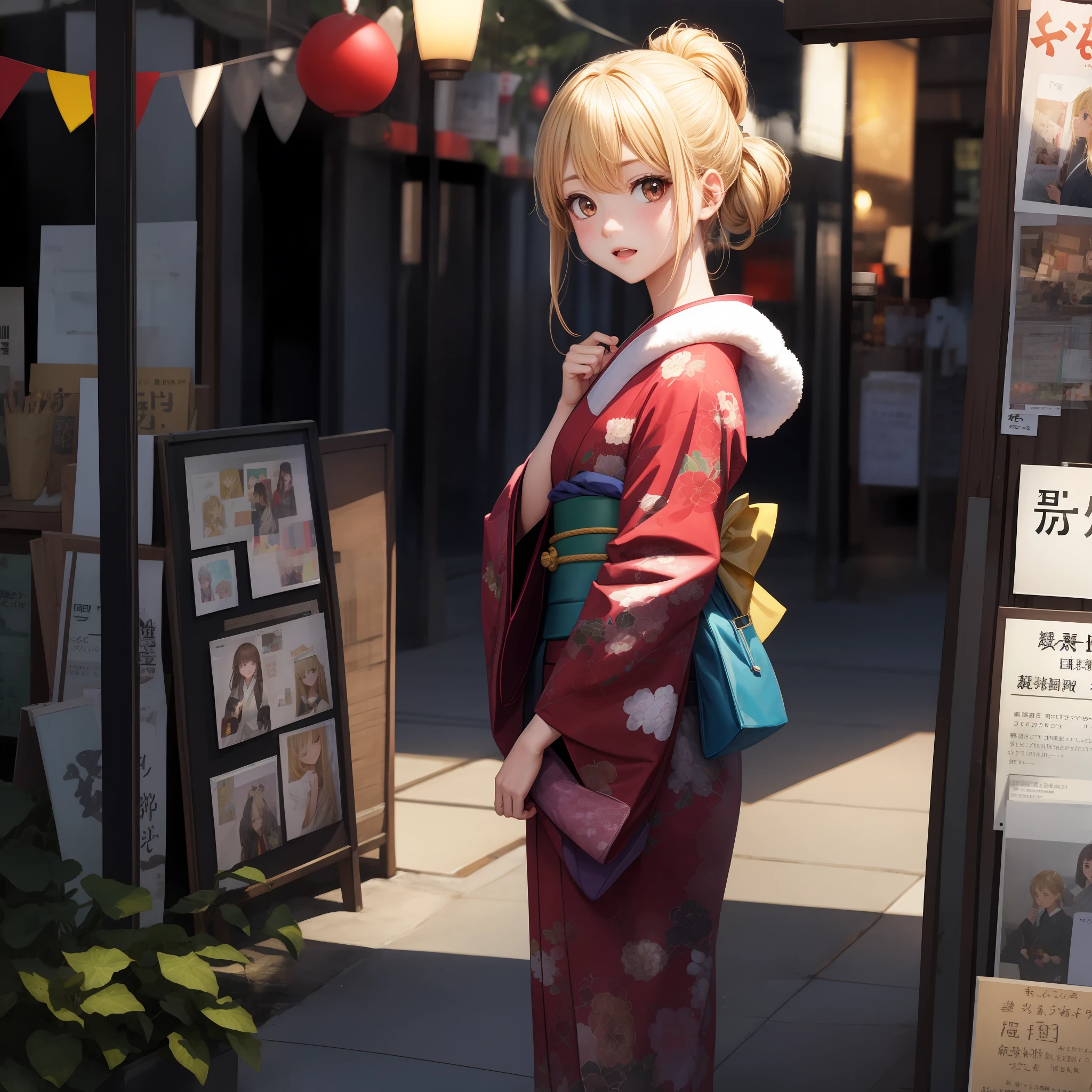 animated cartoon、One beautiful blonde girl、Red-eyed、kimono