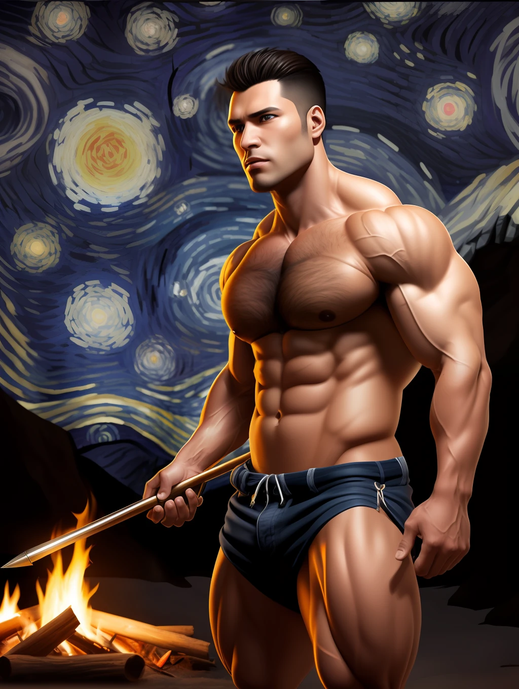 (1boy) (male) ((front view)) ((figure fills frame)) ((facing viewer)) Insanely Handsome, very detailed flawless face, detailed open eyes, very handsome, epic, heroic, (muscular) bodybuilder, ((big muscles)), ((large pectorals)), narrow waist, short messy hair. ((hairy chest)), ((hairy legs)). Wearing fur loin cloth, carrying a wooden spear. Emerging from a (partially dark cave) entrance. It is (starry night), the only source of light is a large campfire out of view. Highly detailed fantasy art, dramatic volumetric light, artstation, beautiful modern fantasy illustration.