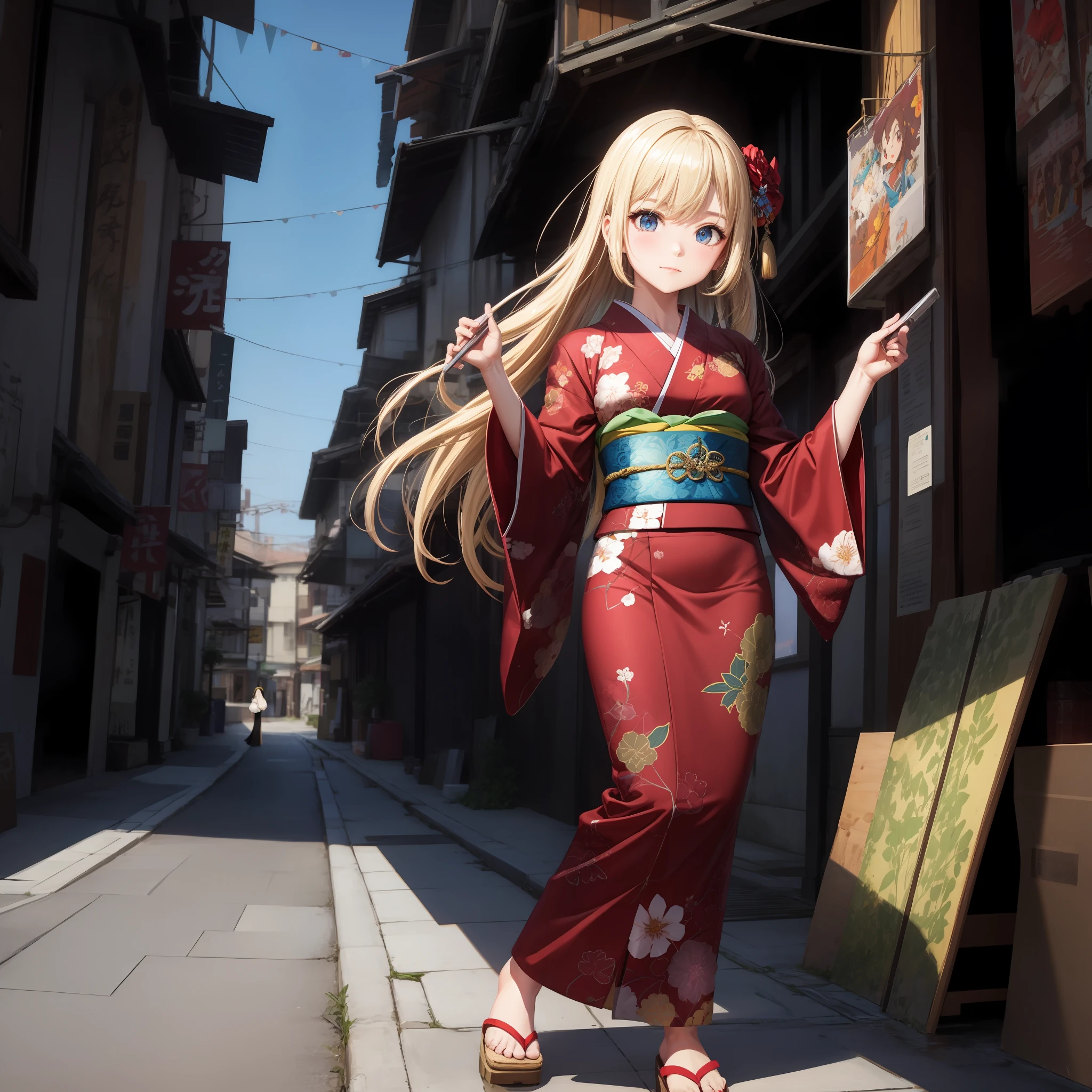 animated cartoon、One beautiful blonde girl、Red-eyed、kimono