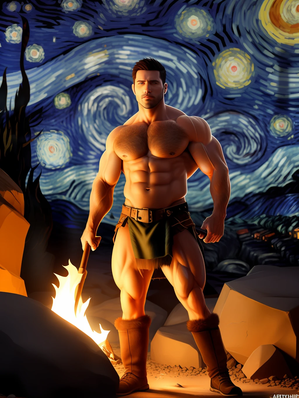 (1boy) (male) ((front view)) ((figure fills frame)) ((facing viewer)) Insanely Handsome, very detailed flawless face, detailed open eyes, very handsome, epic, heroic, (muscular) bodybuilder, ((big muscles)), ((large pectorals)), narrow waist, short messy hair. ((hairy chest)), ((hairy legs)). Wearing fur loin cloth, carrying a wooden spear. Emerging from a (partially dark cave) entrance. It is (starry night), the only source of light is a large campfire out of view. Highly detailed fantasy art, dramatic volumetric light, artstation, beautiful modern fantasy illustration.