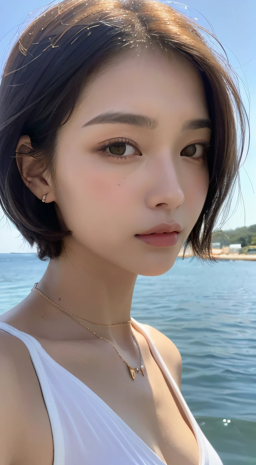 ((beste-Qualit、masterpiece:1.3))、foco nítido:1.2、(realisitic、a photorealistic:1.37)、perfect beautiful female、Highly detailed facial and skin texture、Detailed eyes and double eyelids、short cut hair、small busts、Small necklace、White sleeveless shirt、Strong sunshine、Summer sea and sky、