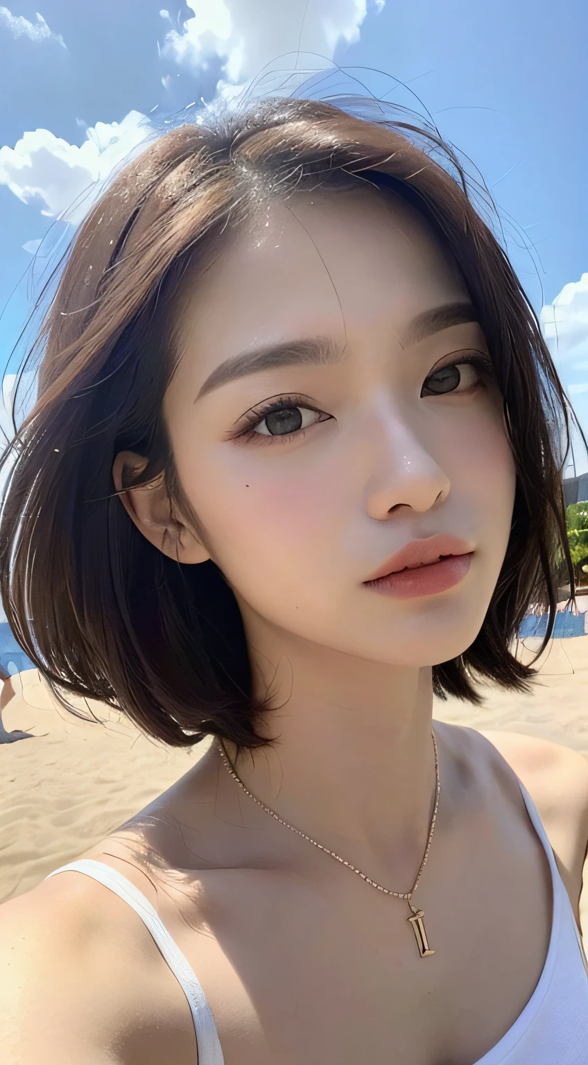 ((beste-Qualit、masterpiece:1.3))、foco nítido:1.2、(realisitic、a photorealistic:1.37)、perfect beautiful female、Highly detailed facial and skin texture、Detailed eyes and double eyelids、short cut hair、small busts、Small necklace、White sleeveless shirt、Strong sunshine、Summer sea and sky、
