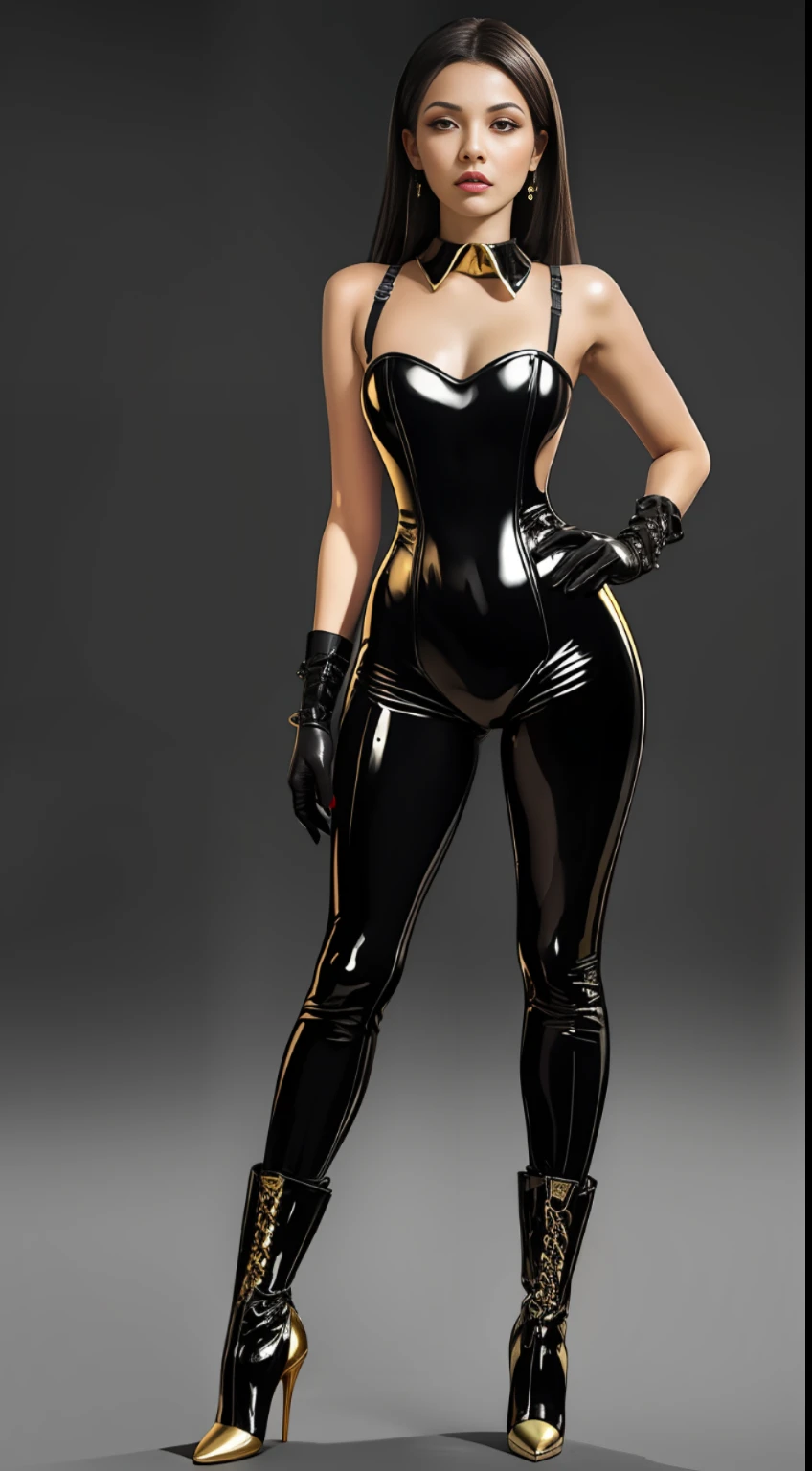 solo, super fine photo, full body photo picture Unreal Engine 5 8K UHD, black color scheme tight and thick latex catsuit with gold laces, slim body, rubber catsuit, shiny latex catsuit, latex long glove, latex high heels boots, corset, harness, arm and leg cuffs, latex collar, gold accessories, luxurious, beautiful make up, best quality, masterpiece, unified 8k wallpaper, super detailed, sharp focus, sexy pose,