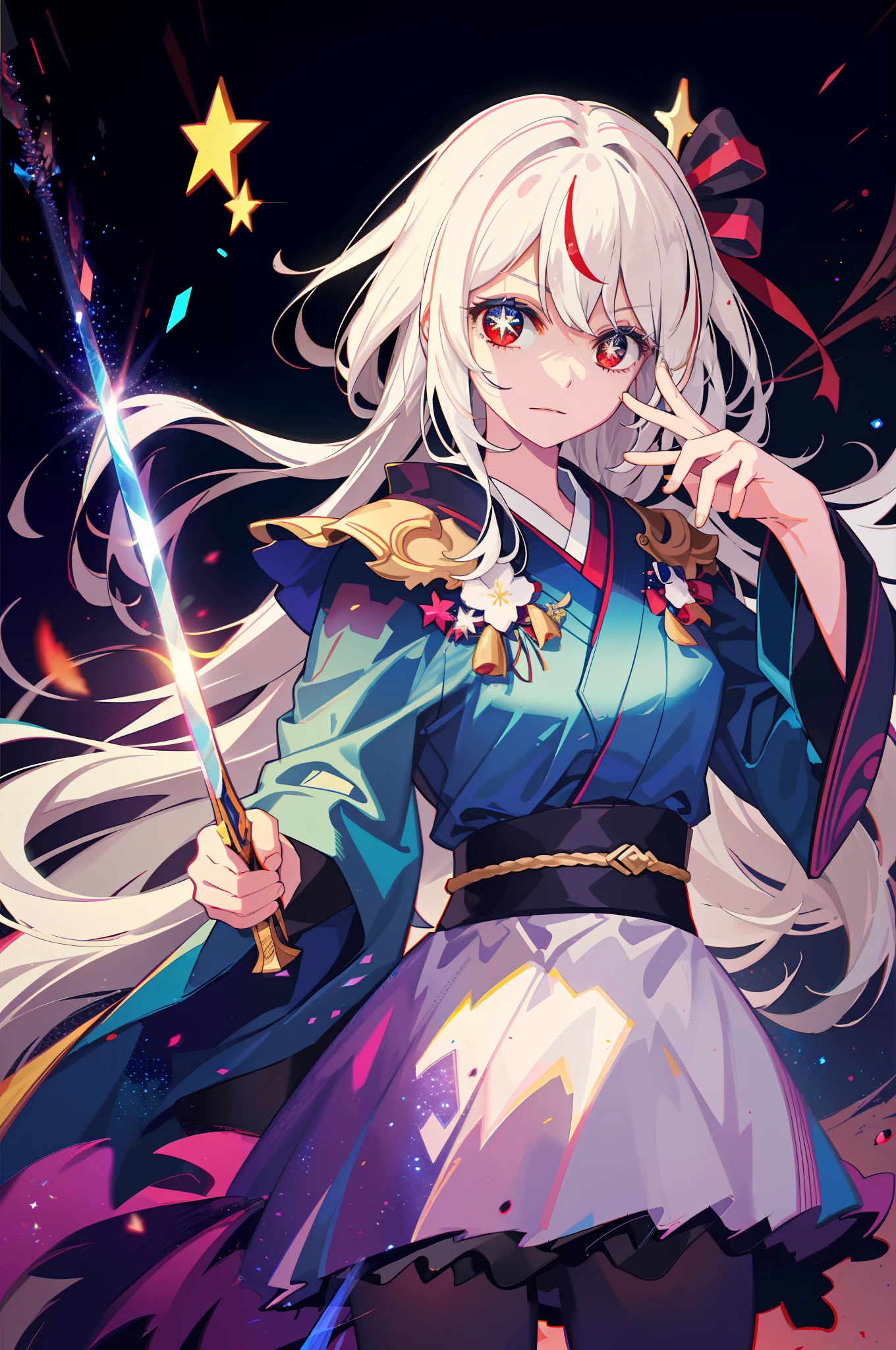 colorful, 1 girl, white hair, red eyes, sexual, double hilt, sword, hand sword, blue flames, glitter, shiny weapon, light particles, wallpaper, chromatic aberration,kimono