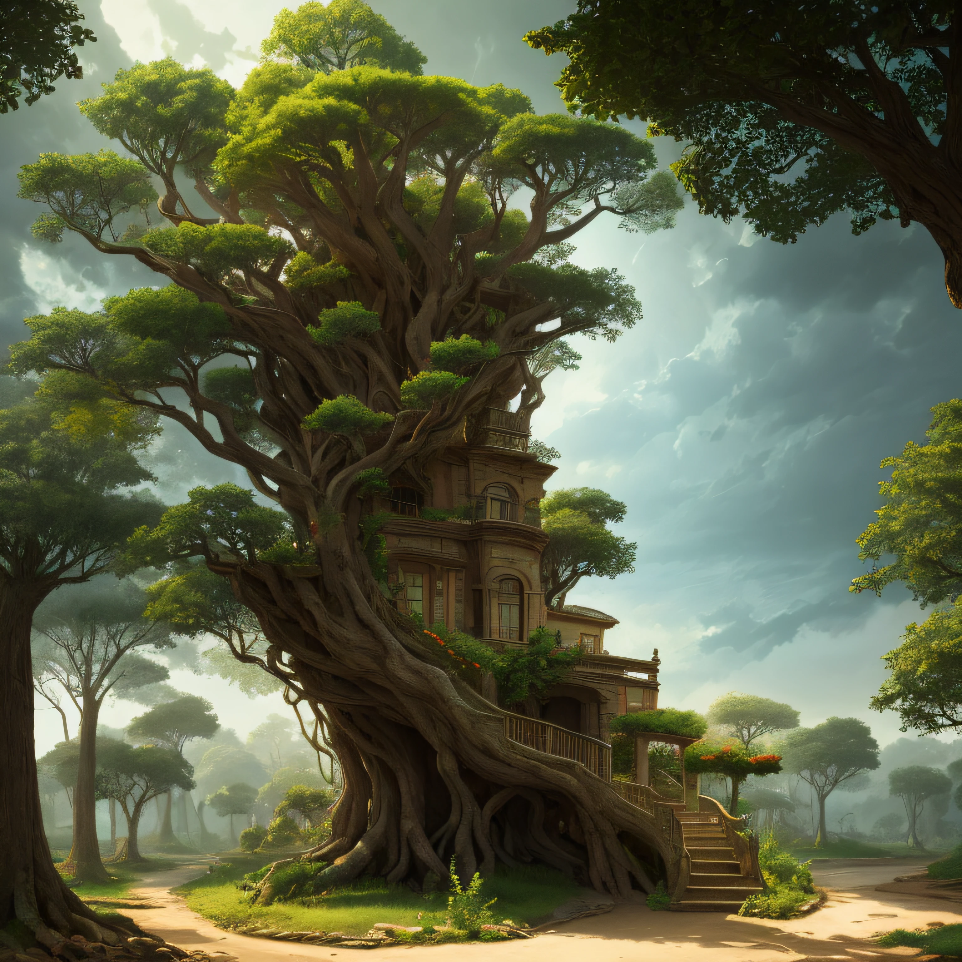 Large trees grow into houses, The roots of the tree become stairs, Tree roots and branches become furniture, Leaves become paper, The trunk becomes a balcony, Surrealism, high detail, chiaroscuro, cinematic lighting, 8k --auto
