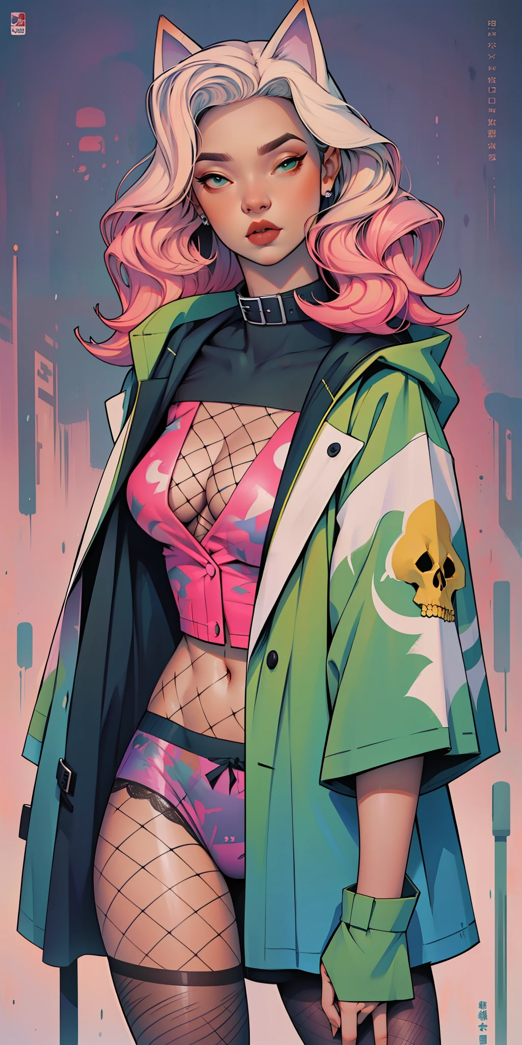 Background, In chic boho style, in a cafe, Ice cream print, multi-colored neon lights, neon garlands, rose hair, mixed-language_SMS, Japanese graffiti, (beautiful and clear background:1.2),, fantastic paintings ,graffit style, highly detail eyes , underwear, lace, latex, Pink, Purple, mint, Blue, Yellow, belve, lavender hair, Skull Print, body piercings, Loving, Love, ultra detail hair, Masterpiece, Best Quality, highly quality, hight resolution, detail enhancement, ((most beautiful image in the world)), Masterpiece, Best Quality, highly quality, hight resolution, detail enhancement, ((most beautiful image ), Shiny pink degrade hair, ultra short fitted Stampa Flores, Rollers,  fishnet pantyhose,  art by stjepan sejic, art by j scott campbell, Artist Guillem March, art by citemer liu, 4k, hight resolution, comic book character, comic, high quality detailed,   style of ::2.0 comix illustration style,tatoon style, highly quality, hight resolution, detail enhancement, 8K, HD, Best Quality, highly quality, hight resolution, detail enhancement, 8K, HDR, sharp-focus, Ultra Detailed, perfect  lighting, Curvy Body, Lush breasts, Curvy hips, skull print on clothes, rock, rock star, Cool, leather raincoat, style of, spikes, Punk Rock, Wolf, Cat's ears