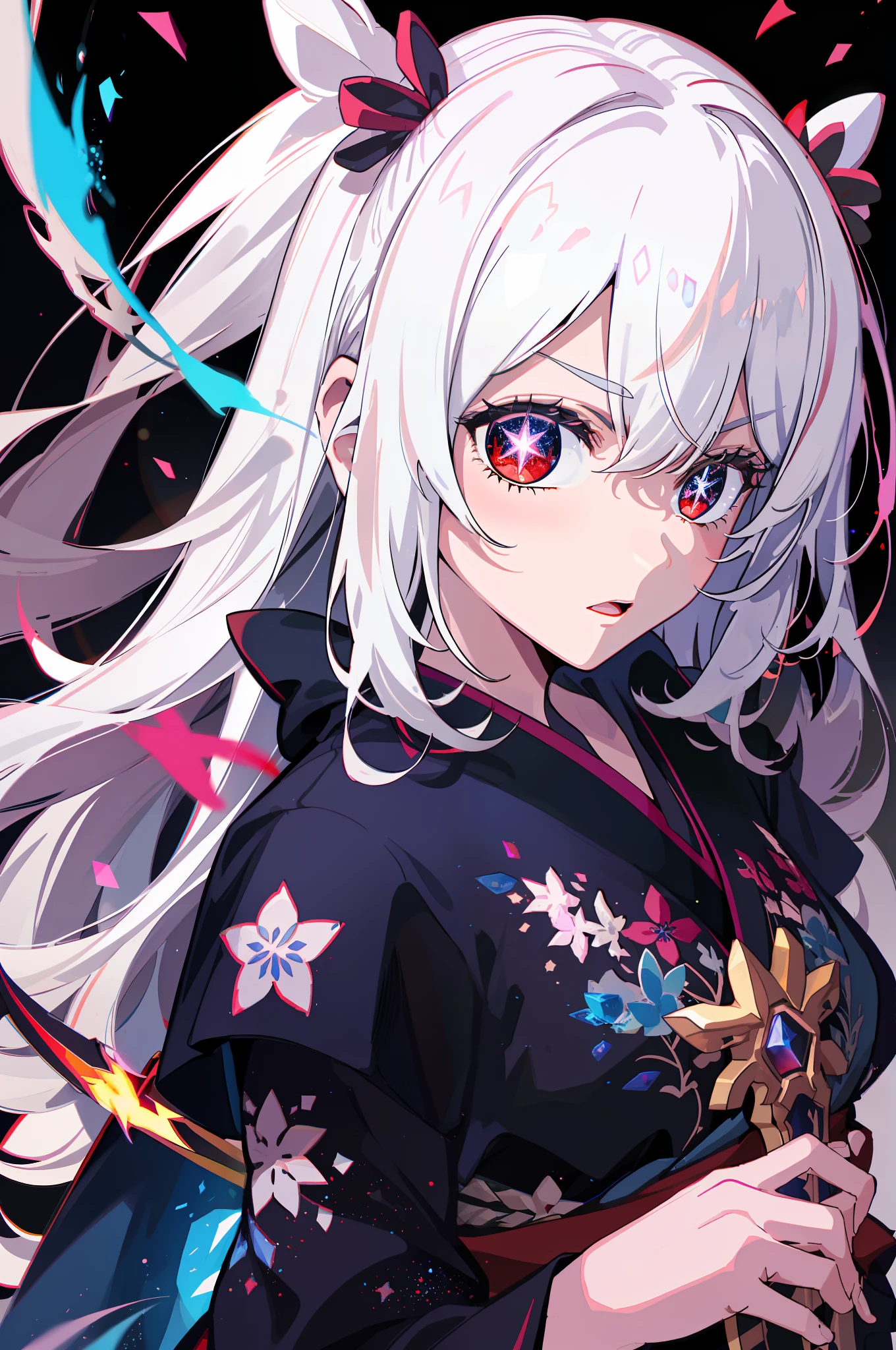 colorful, 1 girl, white hair, red eyes, sexual, double hilt, sword, hand sword, blue flames, glitter, shiny weapon, light particles, wallpaper, chromatic aberration,kimono