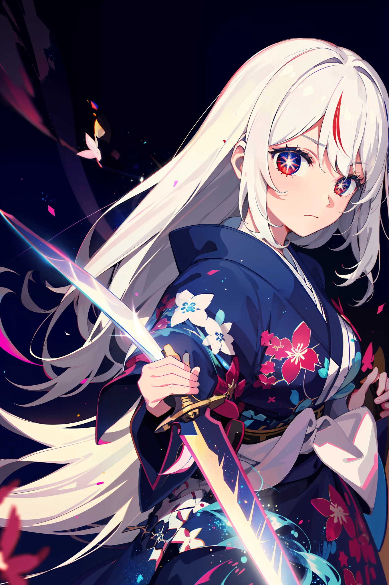 colorful, 1 girl, white hair, red eyes, sexual, double hilt, sword, hand sword, blue flames, glitter, shiny weapon, light particles, wallpaper, chromatic aberration,kimono