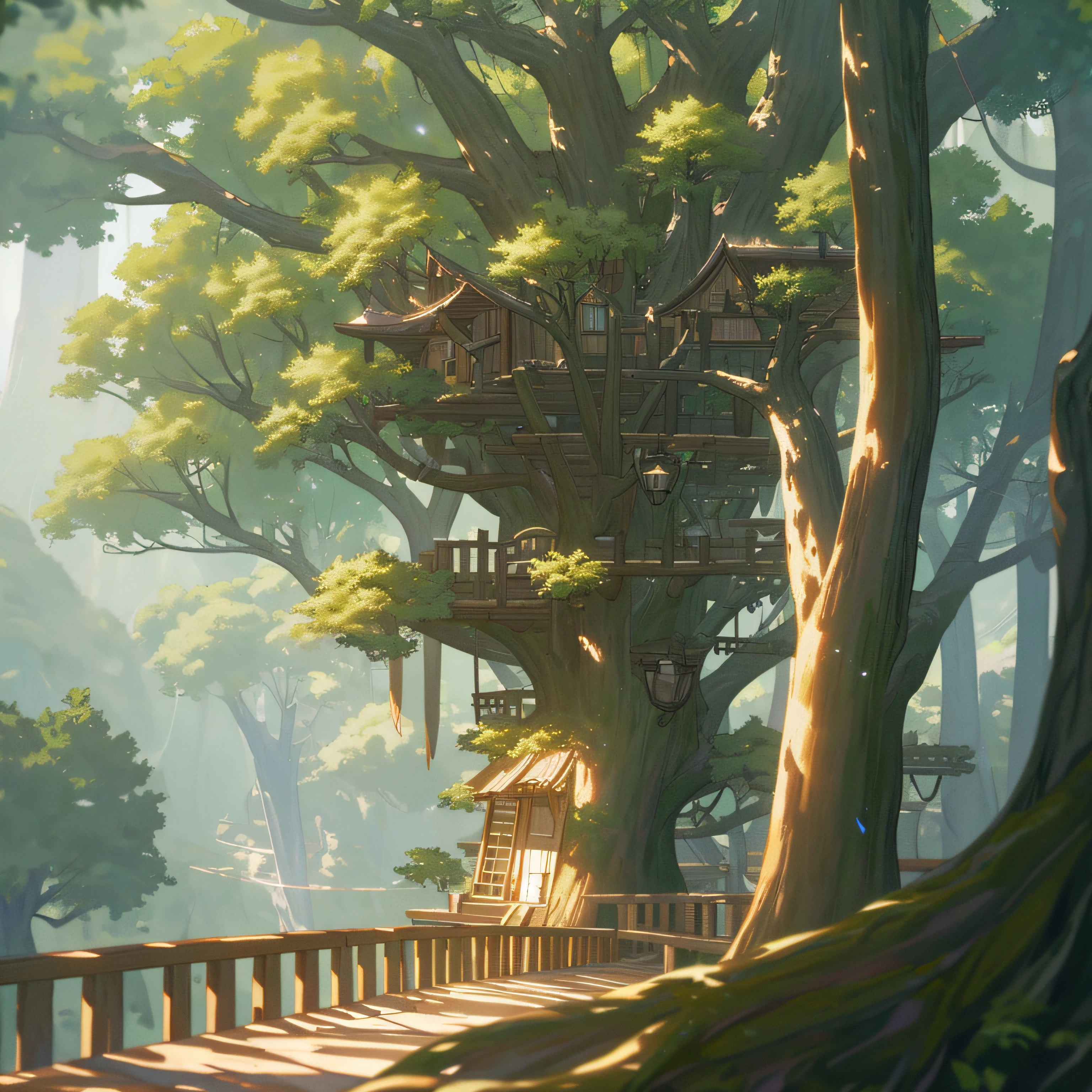 Large trees grow into houses, The roots of the tree become stairs, Tree roots and branches become furniture, Leaves become paper, The trunk becomes a balcony, Surrealism, high detail, chiaroscuro, cinematic lighting, 8k --auto