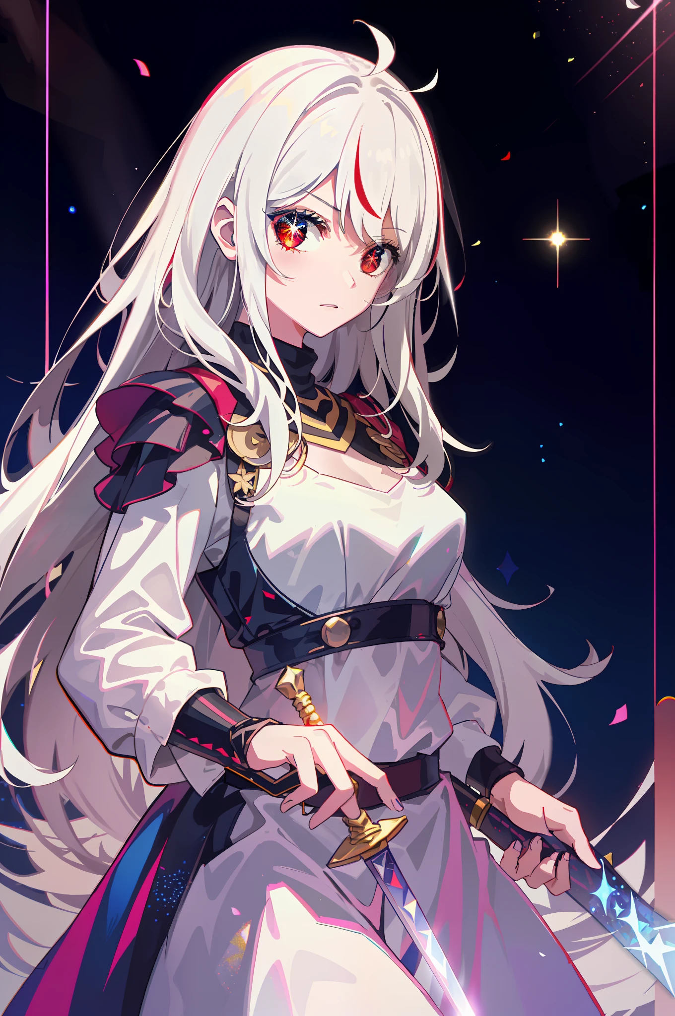 colorful, 1 girl, white hair, red eyes, sexual, double hilt, sword, hand sword, blue flames, glitter, shiny weapon, light particles, wallpaper, chromatic aberration,