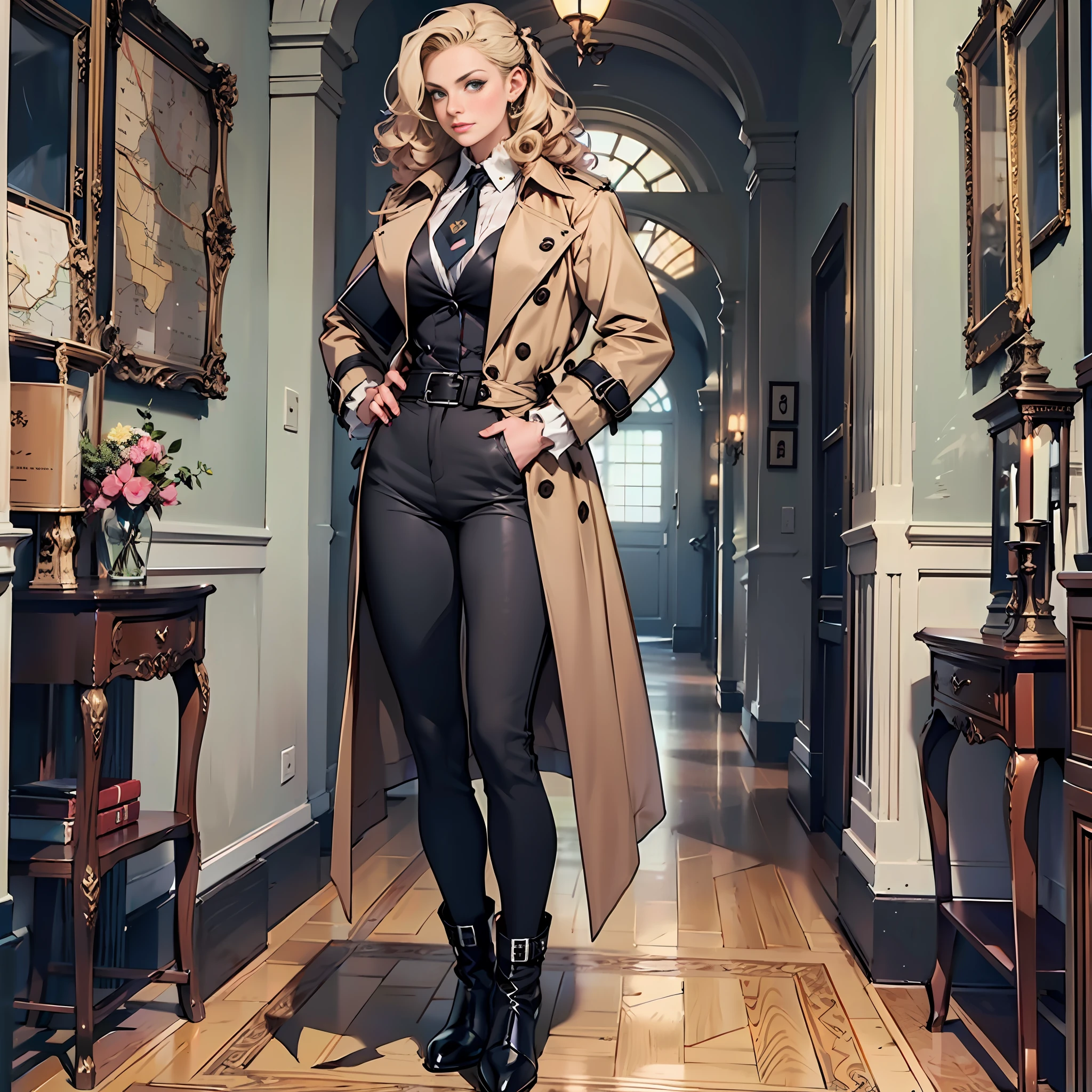 28-year-old countess, curly hair,trench coat, necktie,(Big bust:1.6),long pants, leather ankle boots, holding a map,18th century clothing style,(Standing posture:1.5),(full body:1.6)