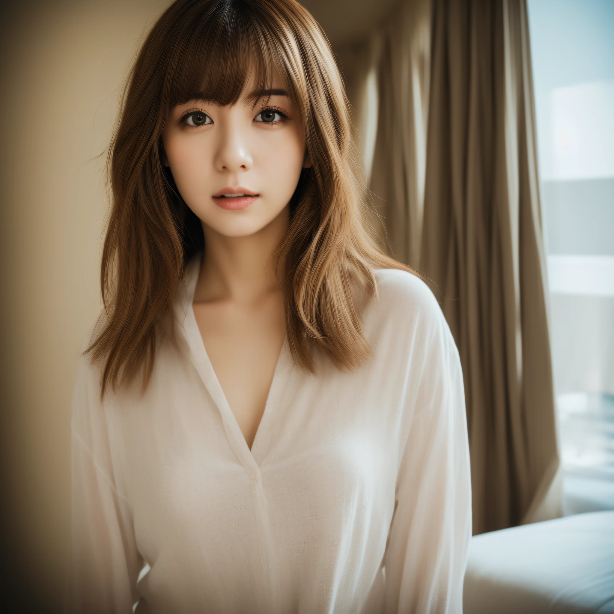 natural, cute, woman, Japan, underwear, shortcut, live action, 8k hyper realistic realistic texture, bright hair color, hotel, realistic skin type, shortcut