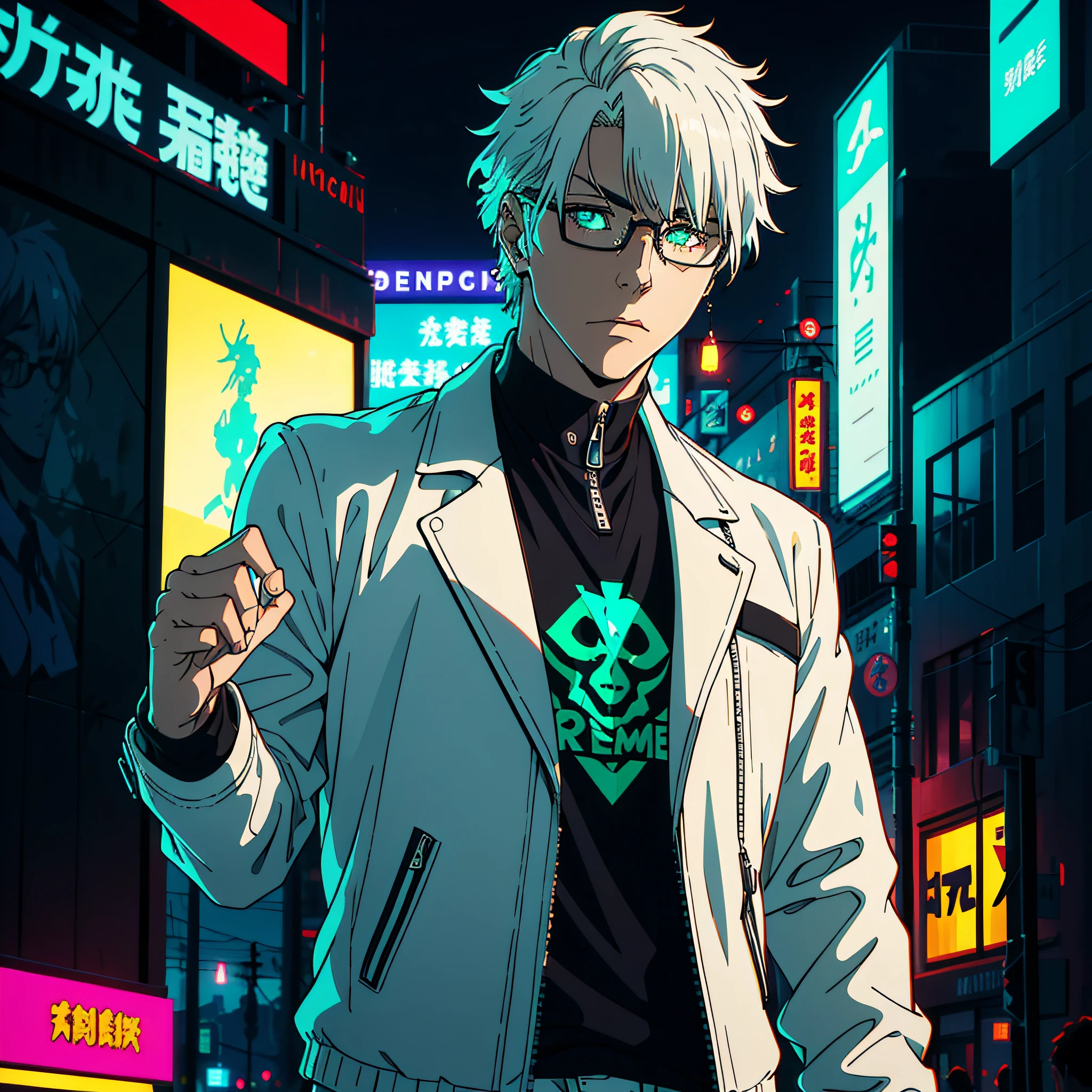 (Portrait, Masterpiece, High Quality, Best Quality, Official Art, Beauty and Aesthetics: 1.2). Staring_the_viewer, 1boy, Light_dark_skin, Blue_Green_Eyes, White_Short_Hair, Black_bangs_tips (Masterpiece, best quality, hand-drawn, character focus, extremely fine) soft_muscles, little_muscles, wearing_glasses, focused_eyes, radiant_eyes, brilliant_eyes, high_detail, short_White_hair, White_hair, bangs,White_Tips_Bangs, 18 years old, mature, young, urban elite, tall, leather_jacket, black_shirt, leather_jacket, glasses, nerd_glasses, nerd_style, character_nerd, male_nerd, absolute_nerd_glasses, (vibrant glow:1.2), extreme_detailed,colorful,highest_detailed ((ultra-detailed)), (highly detailed CG illustration),cinematic light,solo. Brillant_Eyes. Perfect_hands, detailed_hand, five_fingers, symetric, symetric_character, A nerdy 18-year-old boy with smooth black skin, bright blue-green eyes, white hair with red-tipped bangs, he holds a professional camera. He has smooth muscles and is an absolute nerd. Portrait. Background city, Background Tokyo, Neon Effects, Neon_Background_effects. Youngh, Teen_Character, Teen, Only_teen.