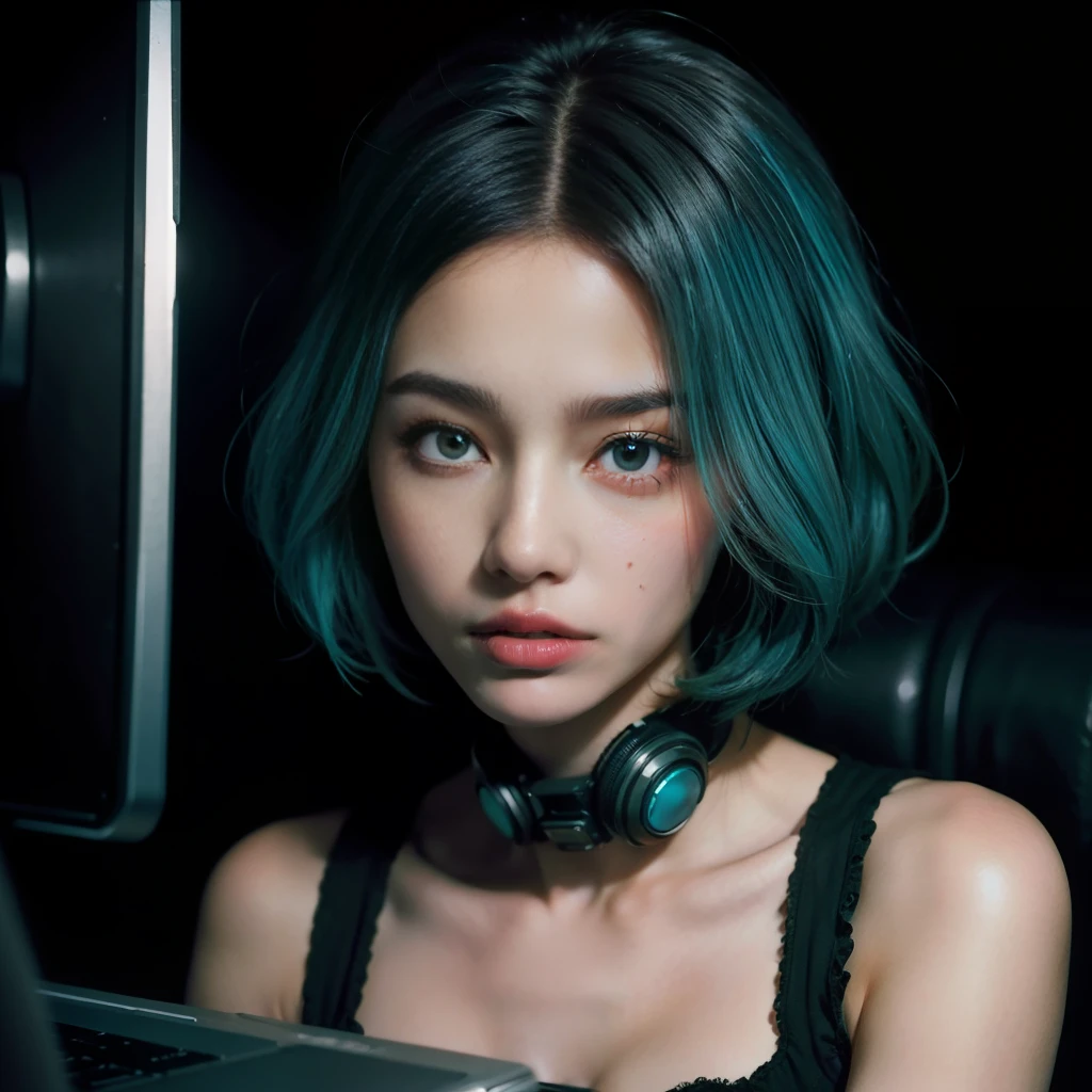 snthwve style, guatemala, RAW photo, a 21-year-old guatemalan woman with cyan and turquoise colored short hair, short hair, perfect face, complex skin features, cybernetic, (neon light:0.3), cyberpunk outfit, computer art, movie stills, 35mm film scan, 8mm film grain, 8k, high detail skin, skin pores, intrincated skin texture, moles in body skin, subsurface scattening, sub surface scattening, ambient occlusion, natural, harmonious composition, warm tones, fine art photography,
