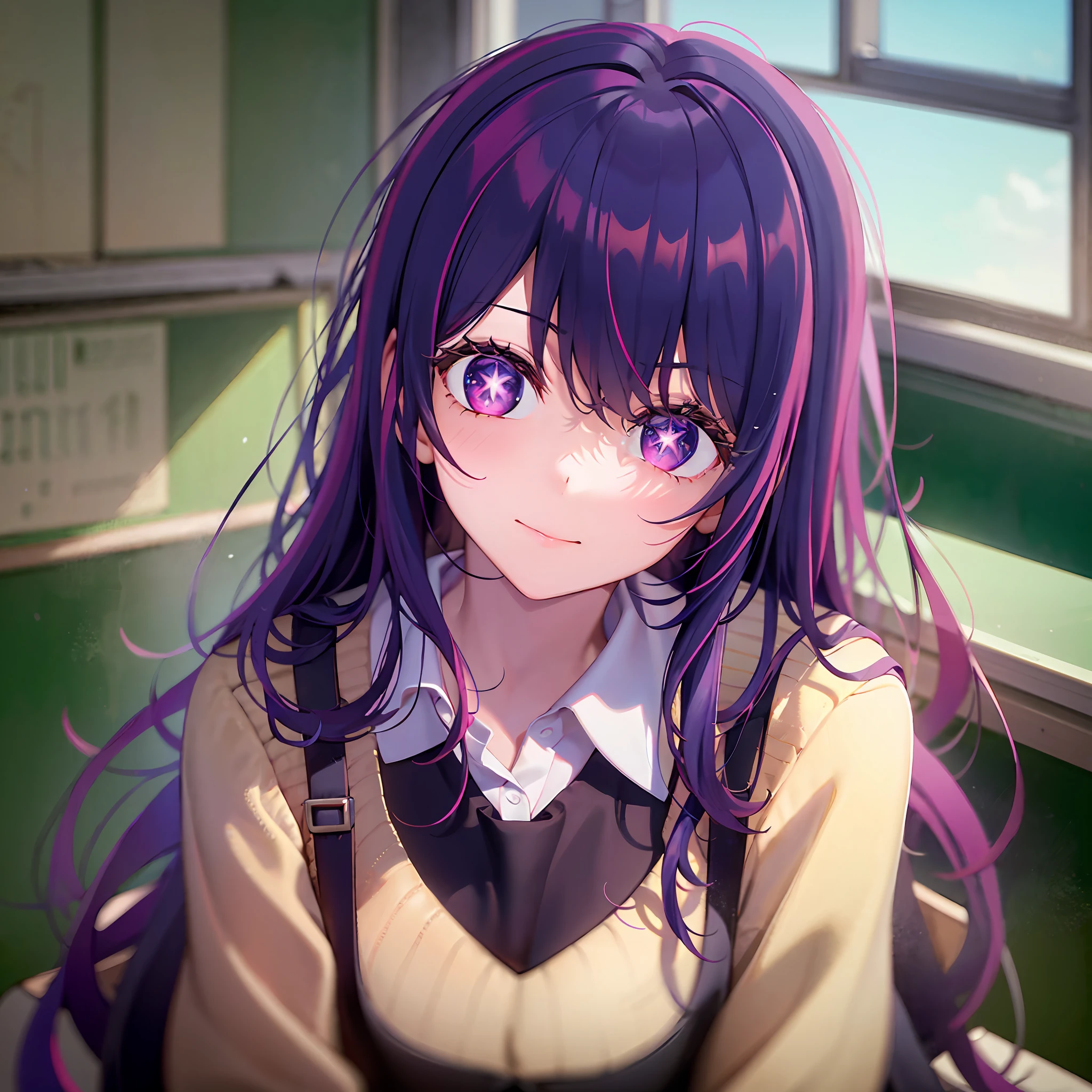 A girl with,Classroom,There is a five-pointed star in the eye,Long purple hair,school uniform,Look at viewers