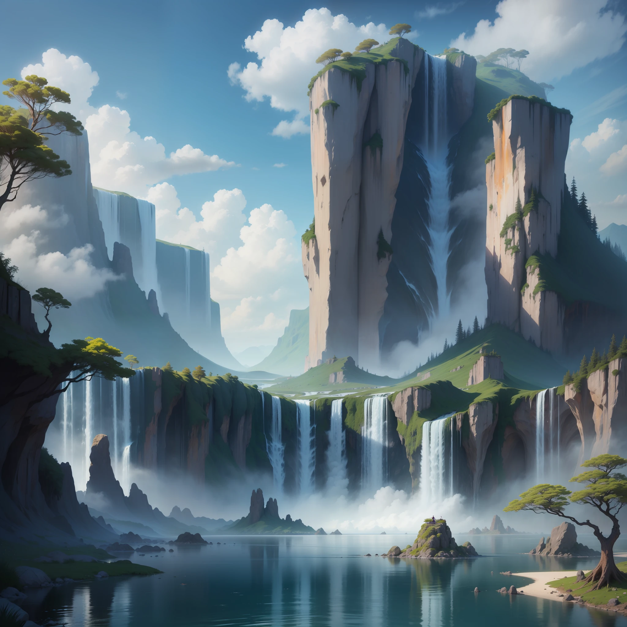 huge waterfalls floating in sky great outdoors Huge island Different world beste-Qualit masterpiece Super-High Resolution Fantasia