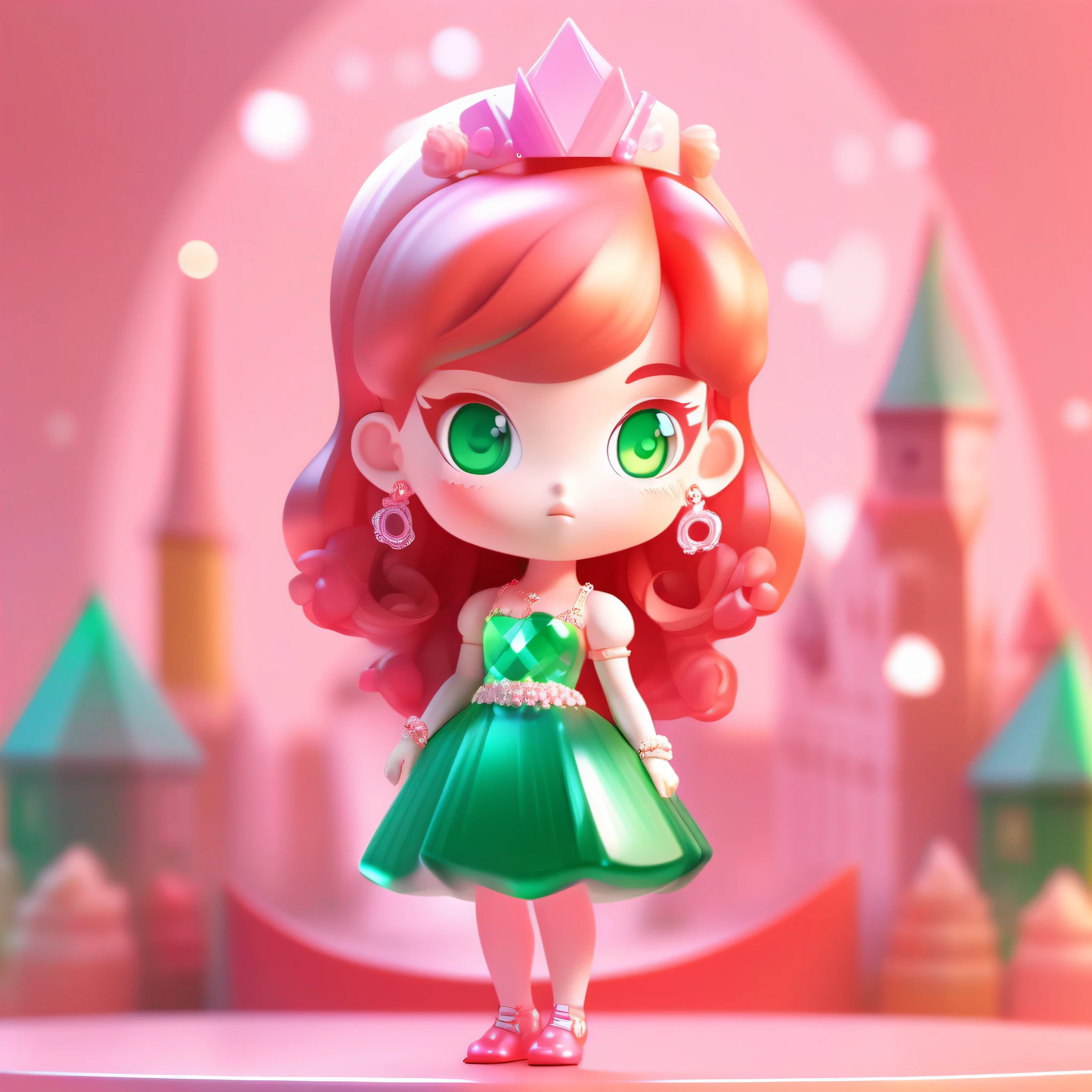 super cute girl IP by popmart,blind box toy, waist up portrait, Agate red hair, Emerald green eyes, colorful crystal earrings, and a shimmering pink princess dress,Pinkish background,harajuku style ,Chibi ,Soft Focus ,mockup, 3d rendered, ldpe, blender,Best quality,