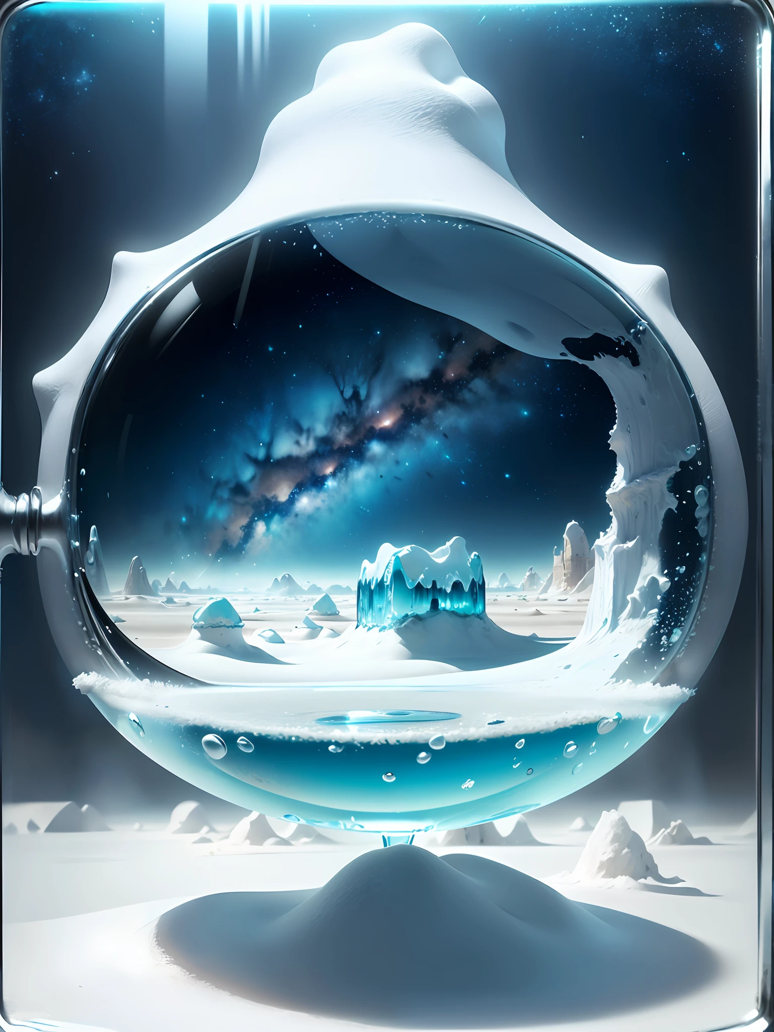 Hyper-realistic、16K High Resolution、(Maximum Sharp Focus:1.3)、(Maximum Close-up:1.5)、(White desert oasis trapped in a glass screen:1.7)、(aqua、blue back light:1.5)、(White fog、milkyway、Light shining:1.5)