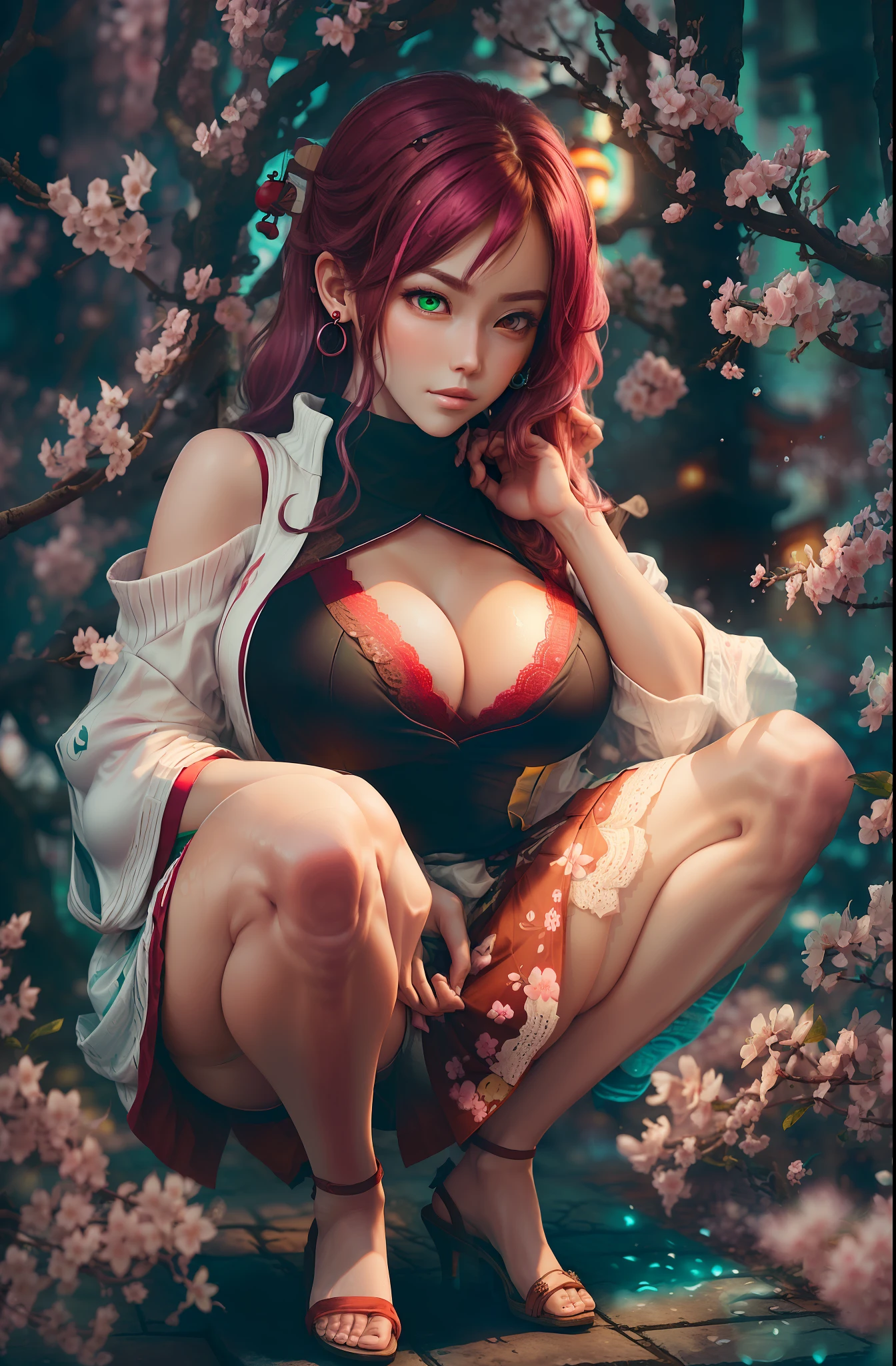 Open Leg Squat, (masterpiece, Excellent, 1girl, solo, Complex Detail, color difference), realistic, ((medium breath)), Off the shoulders, large chest, sexy, Yae miko, long pink hair, red headpiece, Red highlighting, hair over one eye, green colored eyes, Earrings, Sharp eyes, perfectly symmetrical figure, choker, neon shirt, Open jacket, Turtleneck sweater, Against a wall, Brick wall, Graffiti, Dim lighting, Alley, Looking at the audience, ((sneaky, seductive, charming)), ((Cherry blossom background))),((Japanese temple background))), (((Glow-in-the-dark background))))High-efficiency subpixel, Subpixel convolution, Luminous particles, Light scattering, Tyndall effect, Transparent dress, Lace edge, lace seduction, bare legs, mini skirt, long legs, Hips, big breasts, huge breasts, Slit skirt, pink lace trim, upturned buttocks, big breasts, big breasts, big breasts, Hai Split Cheongsam, flirty type, charming, shy, big breasts, big breasts, big breasts, big breasts, big breasts leaking, bursting breasts, big breasts, seduction, tall figure, white skin and beautiful skin, white hair, thick buttocks, thick buttocks, big buttocks,, nothing worn out, especially short clothes, bare waist, thong, exuberant look, loose long hair,, split legs, half squatting, promiscuous, showing between legs