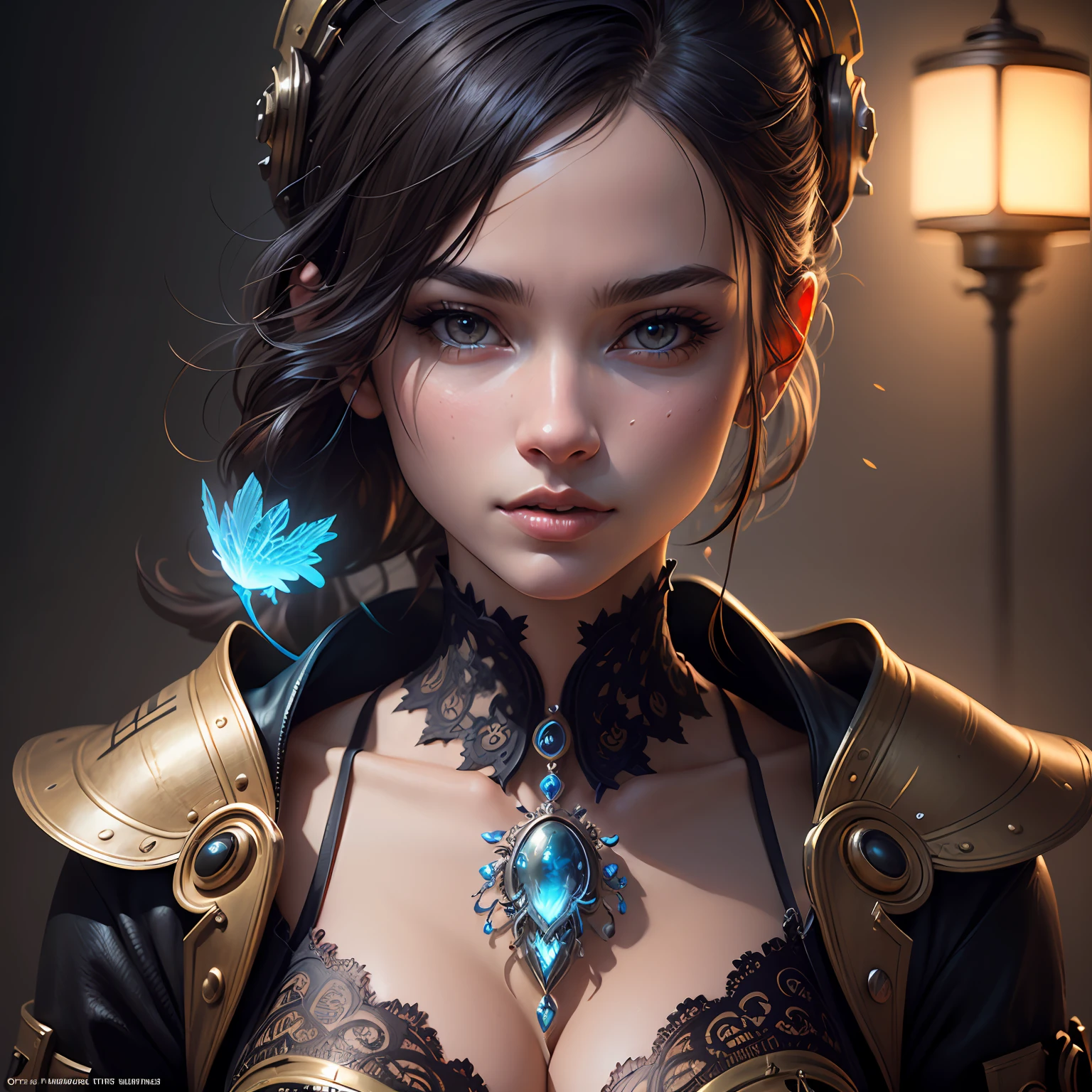 (((masterpiece))), ((best quality)), (high resolution), Photorealistic, hyper detailed painting, luminism, octane render, bar lighting, intricate, 8K resolution concept art portrait Artgerm, little fusion pojatti realistic steampunk, fractal isometrics detailed,bioluminescence,hyperalistic cover photo, stunning full color --auto