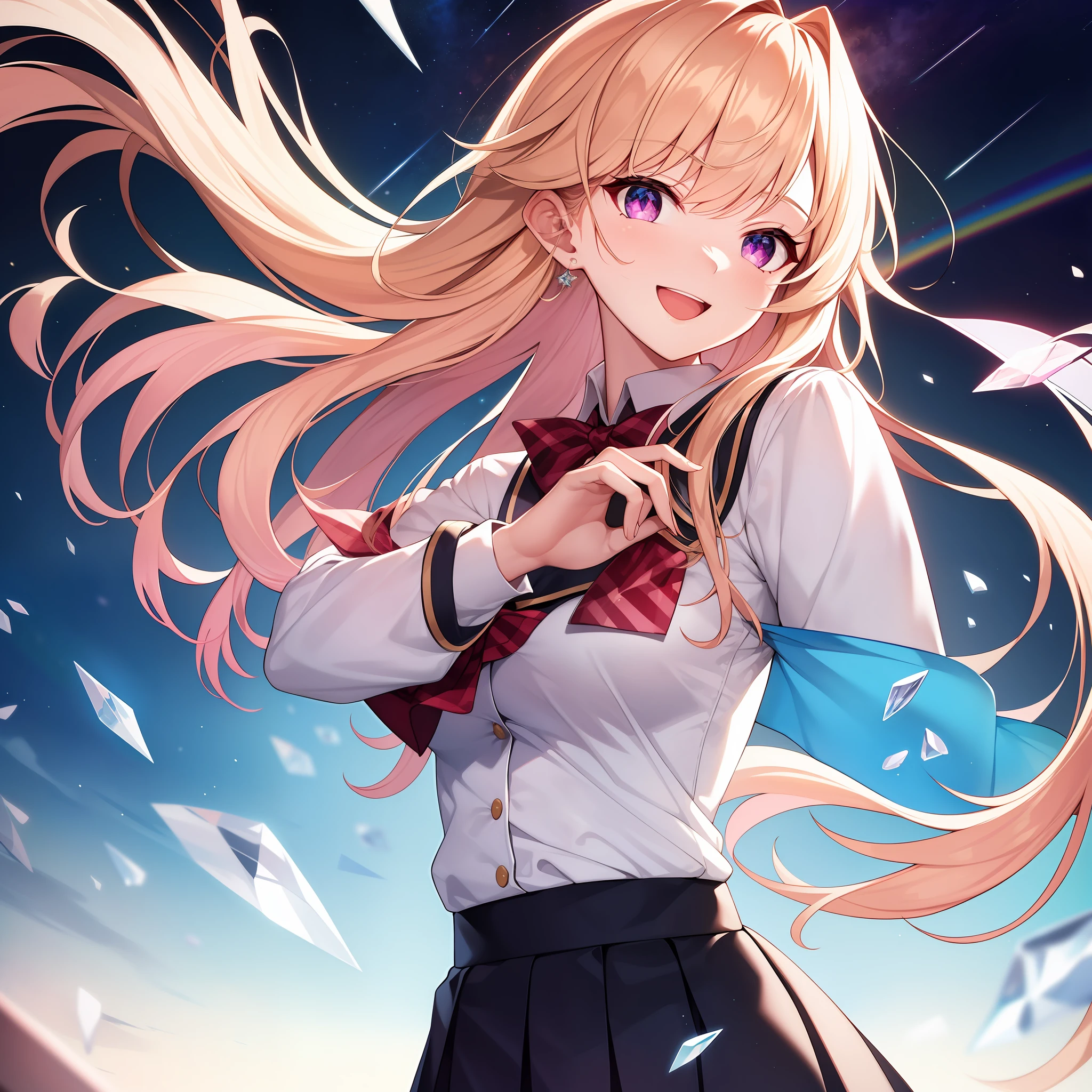 chest out, absurdres, superfine illustration,rainboweffect, highres, ultra detailed,light diffusion,highly detailed light reflection, kaleidoscope, harmonious, best shadow, highly detailed very beautiful big smile face, ;D, beautiful growing crystal diamond star pupil,look at viewer, beautiful detailed hair, solo, dynamic pose, beautiful detailed pink and black ribon, beautiful detailed High school uniform, Fantastic and the whole shines and shooting star and the wind is strong in detail background