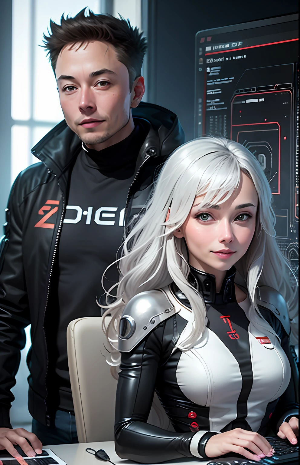 realistic, portrait of ELON MUSK WITH a girl,AI language model, silver hair, question answering, smart, kind, energetic, cheerful, creative, with sparkling eyes and a contagious smile, information providing, conversation engaging, wide range of topics, accurate responses, helpful responses, knowledgeable, reliable, friendly, intelligent, sleek and futuristic design elements, and a complex network of circuits and processors.