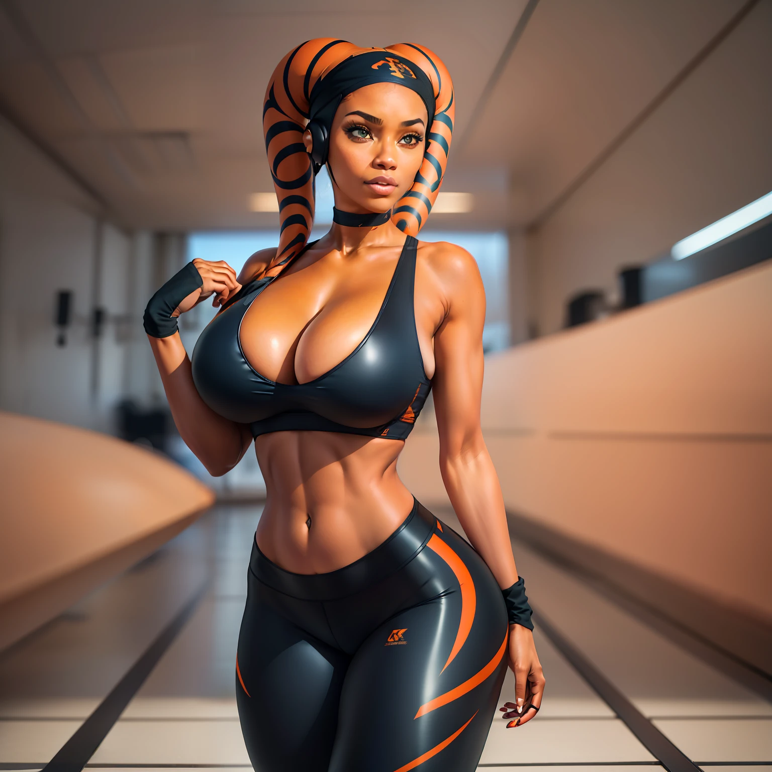 orange skin, huge breasts, twi'lek, cleavage, thin, sports bra, leggings, huge breasts, petite