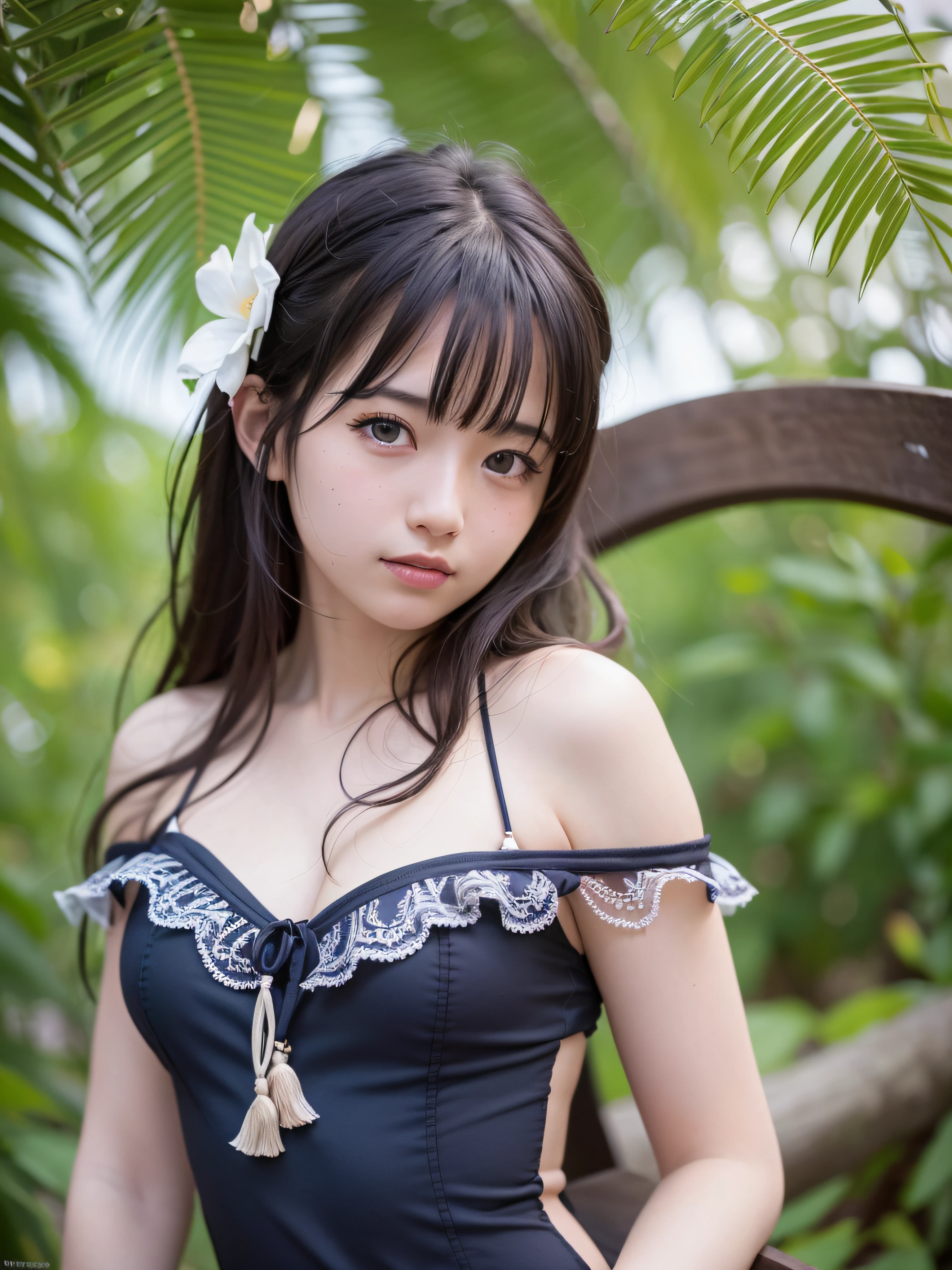 (realistic, photo realistic:1.37), incredibly absurdres, (insanely detailed:1.3), 8k, (masterpiece), (best quality:1.4), (ultra high res:1.2), (raw photo:1.2), (unity 8k wallpaper), 1 nogizaka girl, utterly cute, (bishojo:1.35), (15yo:1.4), ((alice and the pirates swimwear)), delicate detailed beautiful dress, hair accessory with blue rose, an exquisitely detailed and beautiful face and eyes and skin, detailed black shine hair, smile at the camera, cowboy shot, whitehaven beachside, blue sky, ultra detailed background, professional lighting
