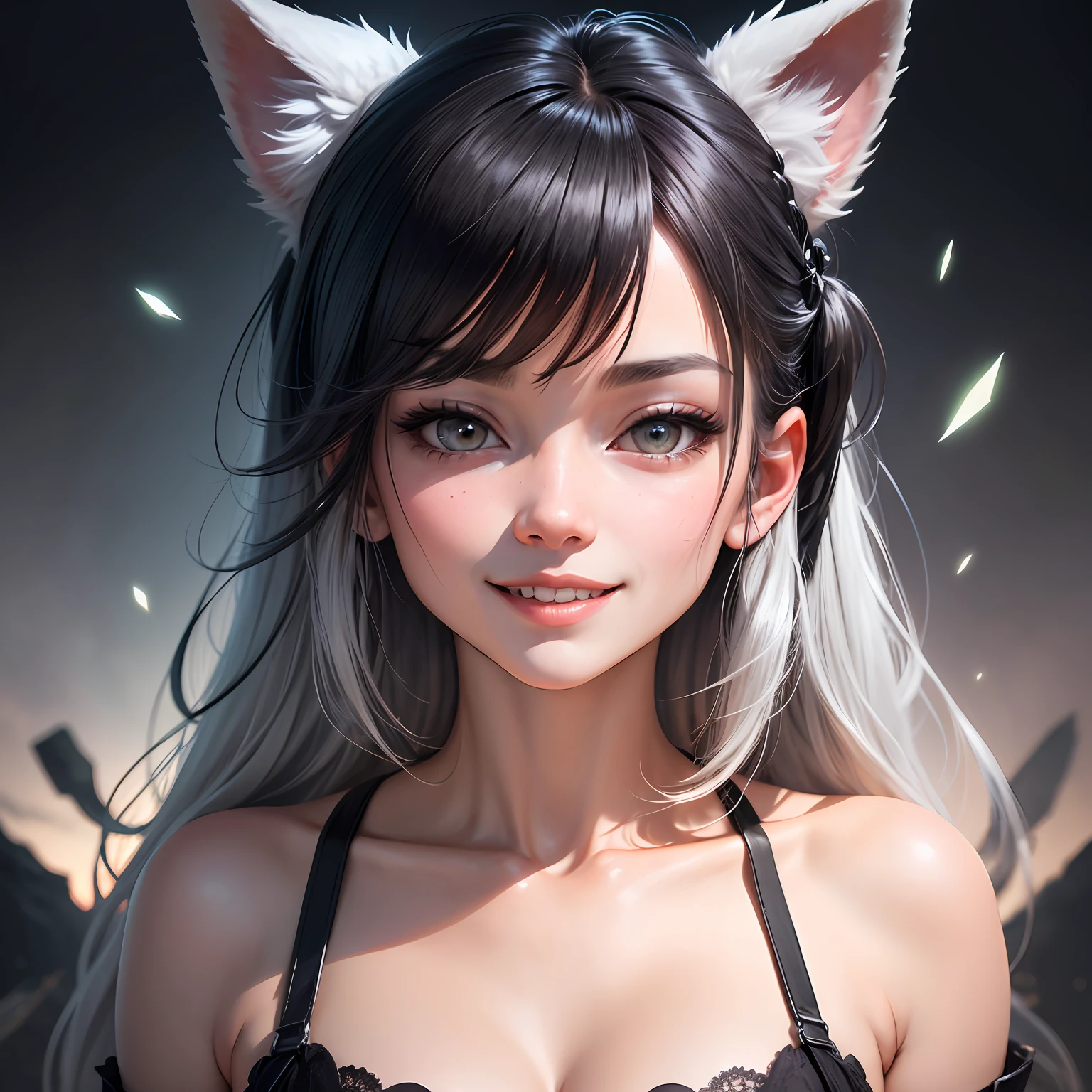 black hair, hair bobbles, wince, longeyelashes, solid circle eyes, fake animal ears, light smile, ear blush, fang, silver hair, Surrealism, drop shadow, anaglyph, stereogram, tachi-e, pov, atmospheric perspective, 8k, super detail, ccurate, best quality --auto