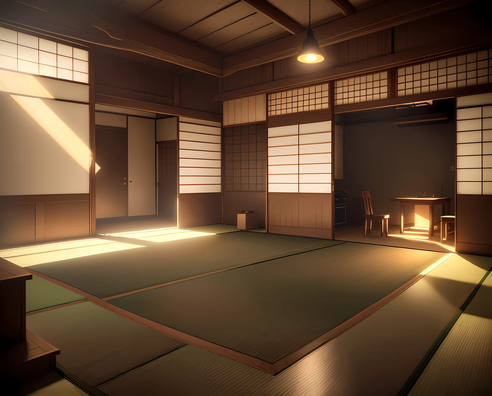 there is a room with a table and a chair in it, akihiko yoshida. Unreal Engine, tatami galaxy, Japan. Volumetric lighting, japanese house,