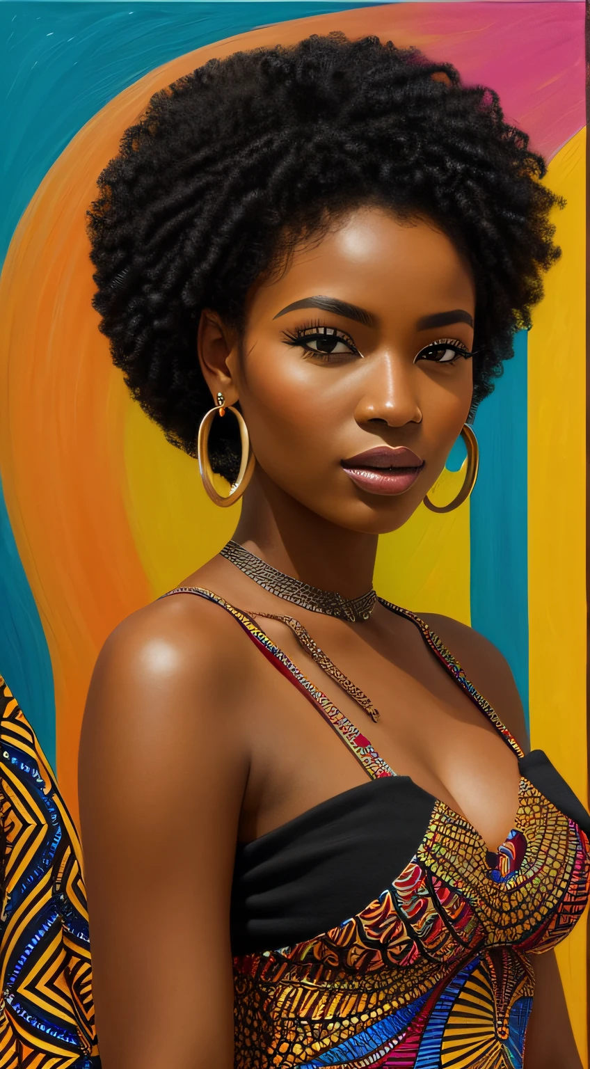 An image of a stunning black woman depicted in vibrant colors and patterns, celebrating her African heritage. The artwork showcases intricate details and bold brushstrokes, capturing the essence of her beauty and radiance. The image is ideal for a contemporary and culturally inspired wall art piece.