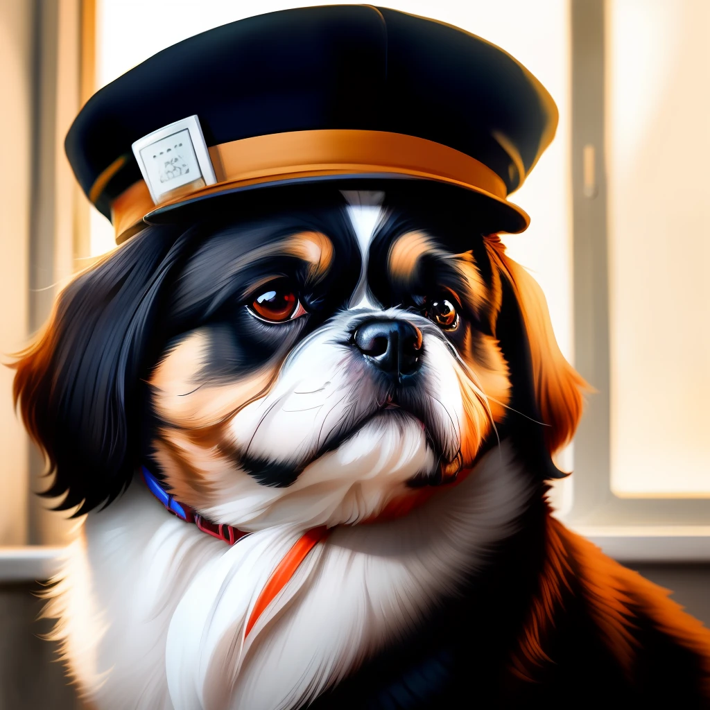 Dog breed Shih Tzu，[male people：doggy：2] Portrait of a human figure，PWattire、countenance，8K UHD，Shot with a digital camera，Soft light，High Picture Quality，filmgrain，Shot with a Fujifilm XT3 camera，With a hat on、Earphone、eye glass。