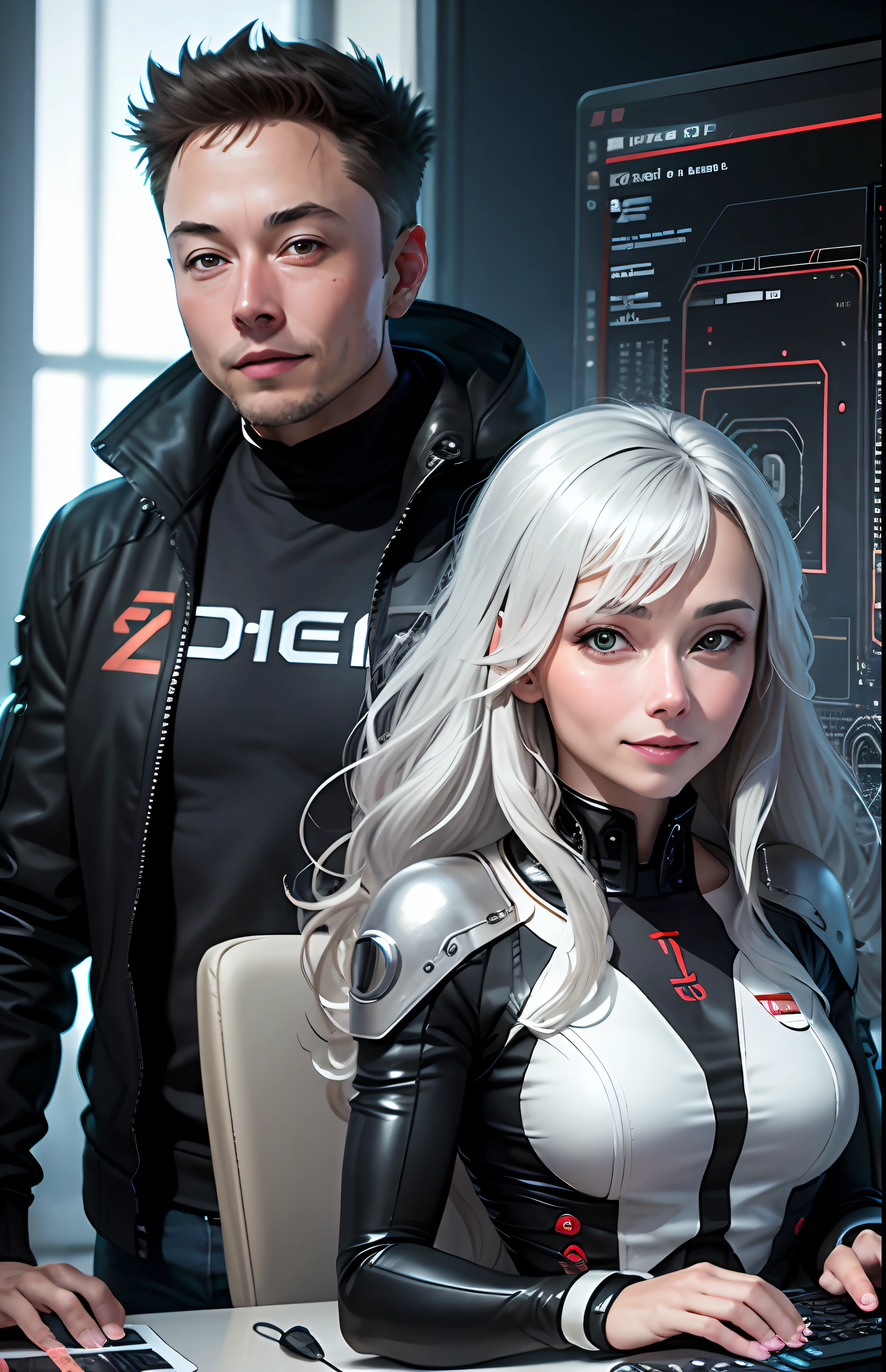 realistic, portrait of ELON MUSK WITH a girl,AI language model, silver hair, question answering, smart, kind, energetic, cheerful, creative, with sparkling eyes and a contagious smile, information providing, conversation engaging, wide range of topics, accurate responses, helpful responses, knowledgeable, reliable, friendly, intelligent, sleek and futuristic design elements, and a complex network of circuits and processors.