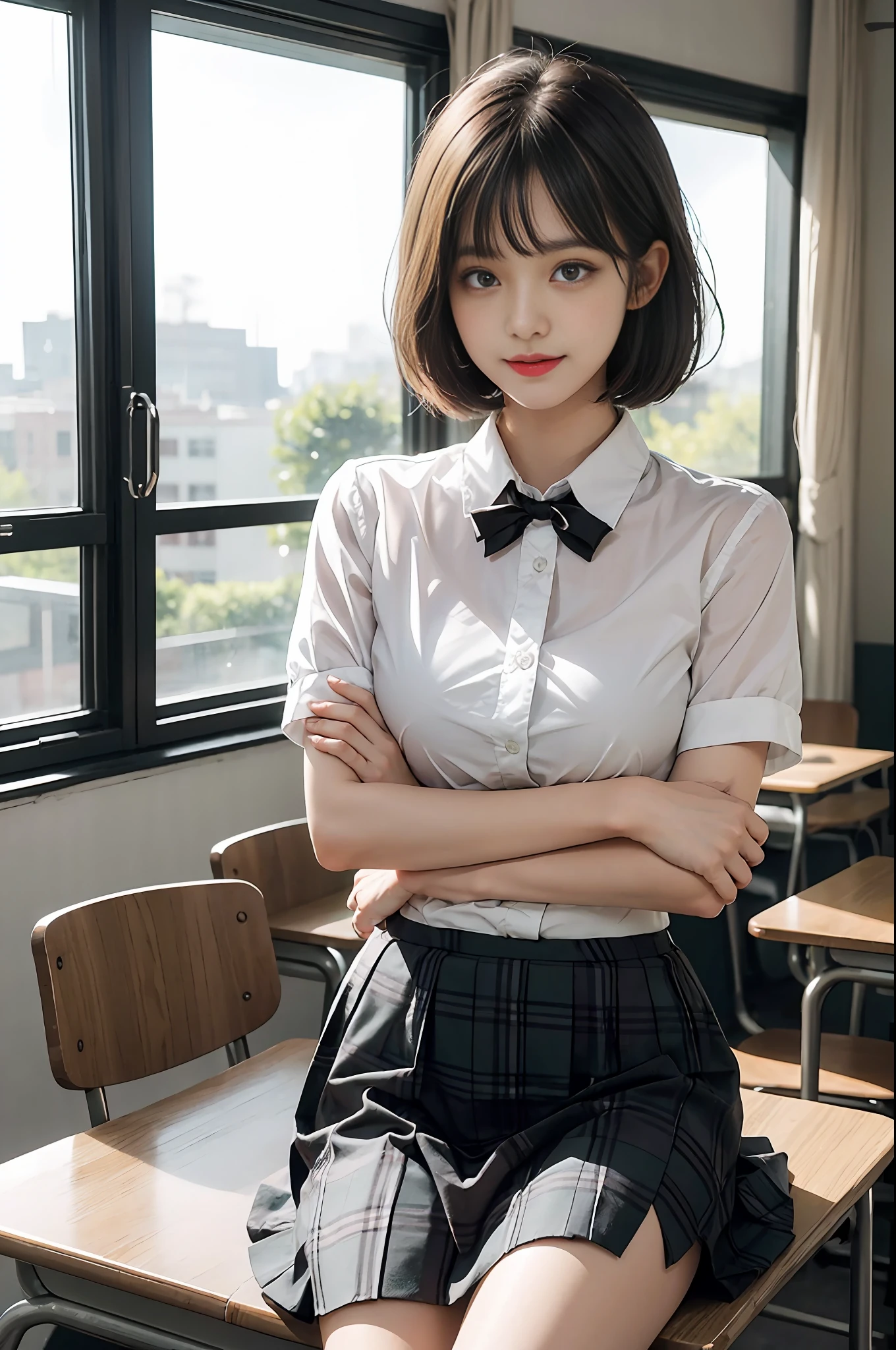 Top quality, RAW photos, super high resolution, various poses like models, smile, 17 year old Korean, very big round breasts, shiny black hair, bob cut, short cut, matching bangs, school uniform, shirt, ribbon, green plaid skirt, hair ornament, beautiful eyes, very thin mouth,, beautiful eyes in detail,, long eyes, dark cheek makeup, long eyelashes, beautiful double eyelidsVarious poses like eyeshadow, beautiful slender legs, school, school classroom, model