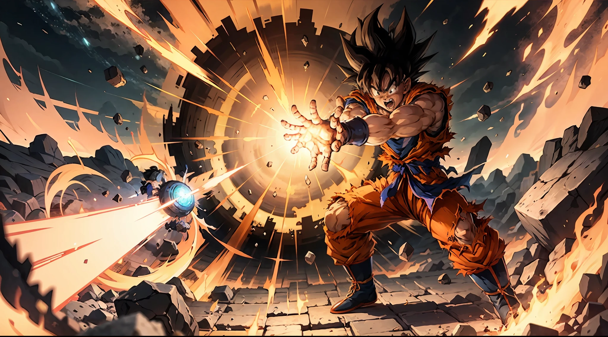 Goku throwing his power at madimbu the shattering stones