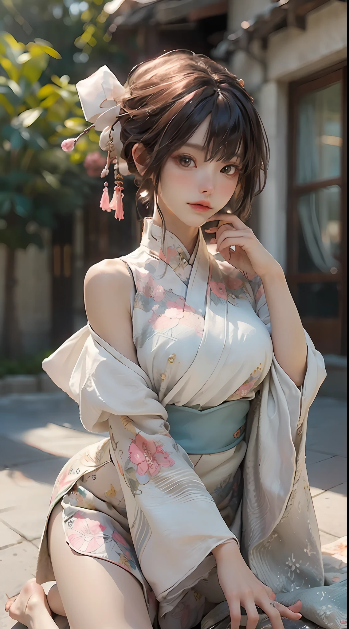 Stroke Hua, 1girl in, (fullllbody) 独奏, hanfu, flowers fields, florals, (White:1.3) (a photorealistic:1.4), Zentangle, mandalas, entanglement, offcial art, Unity 8k壁纸, ultra detali, Beautifully Aesthetic, masterpiece,beste-Qualit, (dinamic angle:1.4), shining skin, (Floating colorful glow:1) Most Beautiful Form of Chaos、elegent、Brutalist design、a brightly coloured、Romanticism Depth of Field、Wearing it roughly so that the shoulders can be seen。