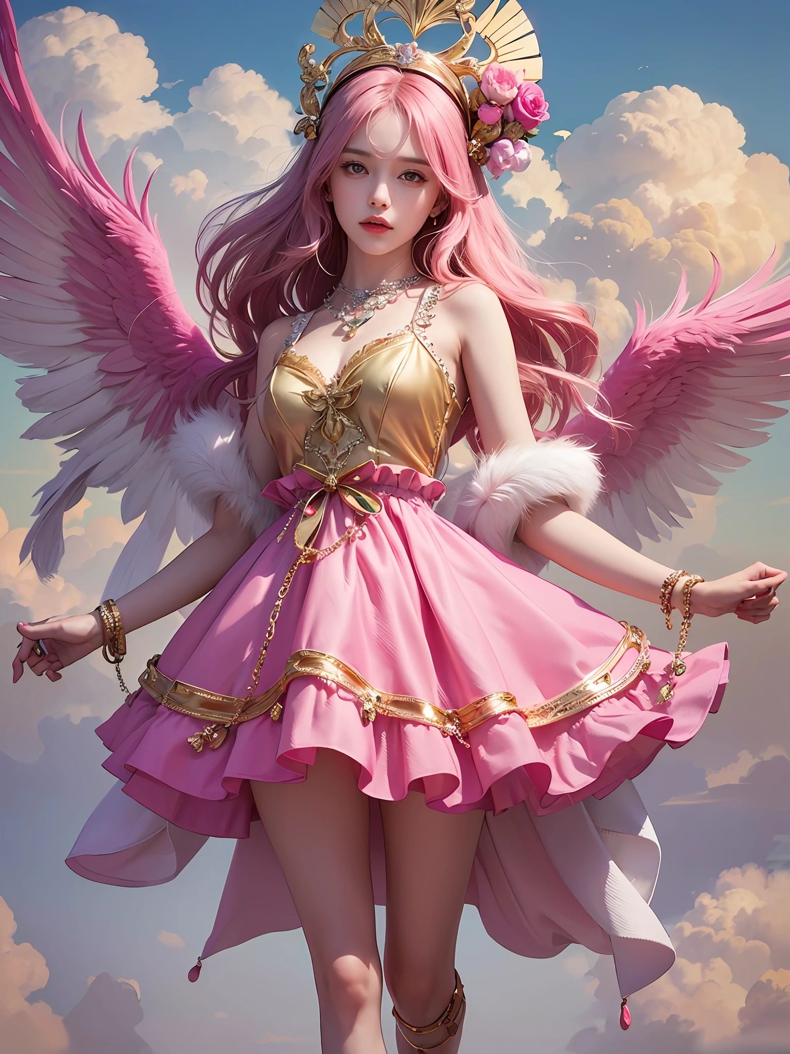 1 Girl,solo, Teenage, pinkdress, pairs of pink bird wings on head, Gold necklace, Cloudy background, Colorful clouds, Full body, Floating in the sky, looking looking at viewer, 
((巨作)), ((Best quality)), ((highly-detailing)),  (Detailed face), (offcial art),